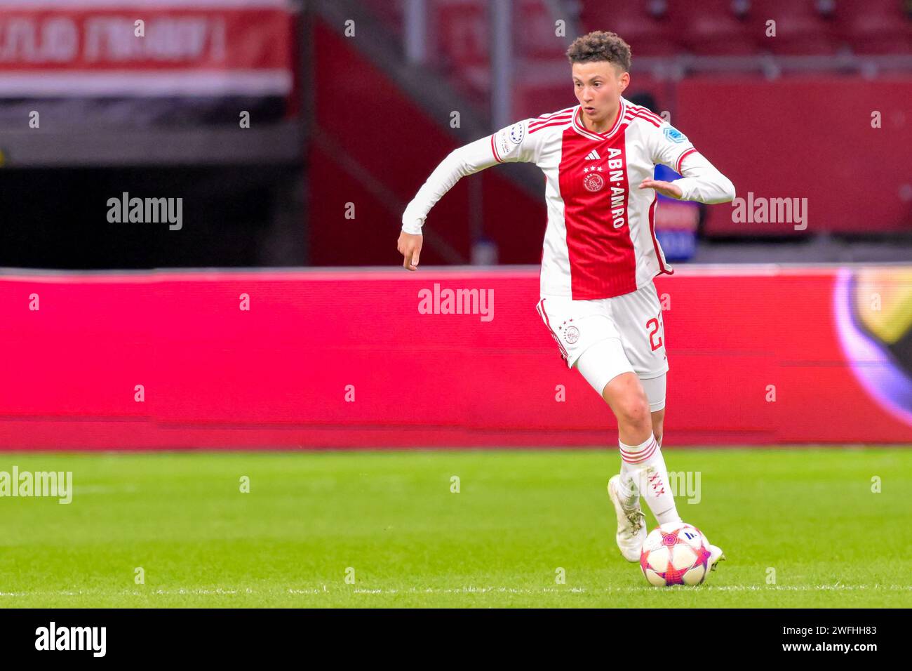 Kay-Lee de Sanders dell'AFC Ajax durante la UEFA Women's Champions League, gruppo C partita di calcio tra AFC Ajax e AS Roma il 30 gennaio 2024 allo Sportpark De Toekomst di Amsterdam-Duivendrecht, Paesi Bassi Foto Stock