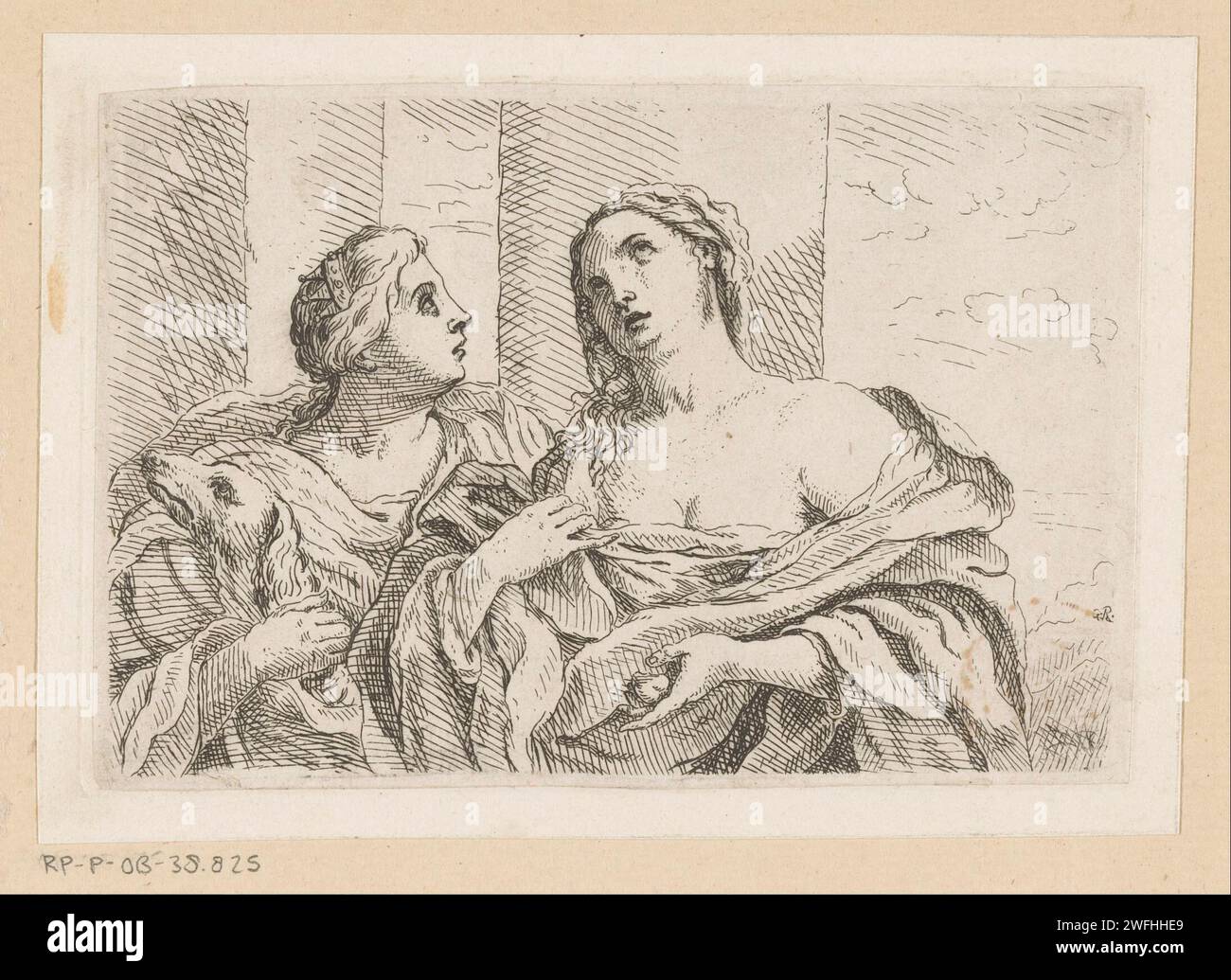 Due donne con un cane, Anonymous, 1600 - 1649 stampa due donne con un cane. La donna di sinistra indossa una corona. Cane da incisione di carta italiana Foto Stock