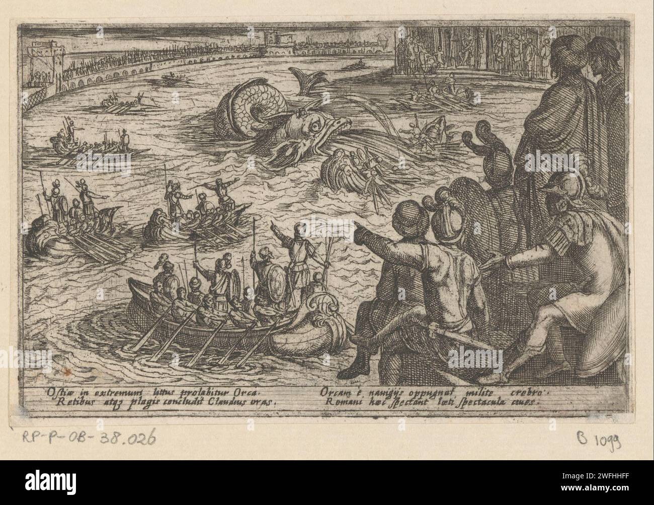 I romani combattono contro un mostro marino, Antonio tempesta, 1602 soldati romani su barche a remi tentano di uccidere un mostro marino. Ci sono spettatori sulla costa. Testo in latino in STUDMARGE. Tipografia: Italypublisher: RomeItaly cartaceo cacciatore di incisioni. mostri del mare Foto Stock