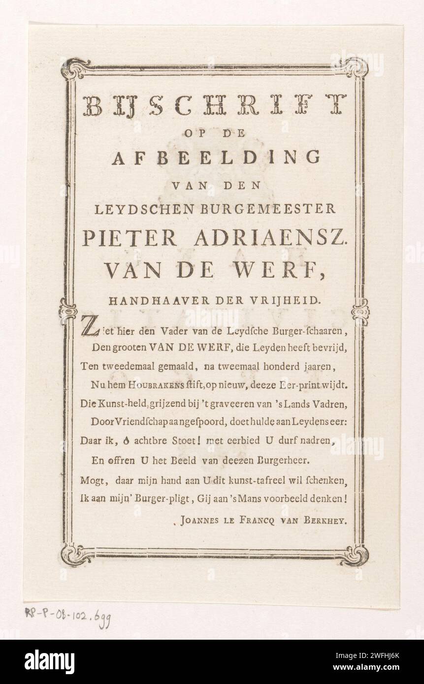 Foglio di testo appartenente al ritratto di Pieter Adriaansz. Van der Werf, Johannes le Francq van Berkhey, 1774 foglio di testo appartenente al ritratto di Pieter Adriaansz. Van der Werf. Il testo ha diciotto regole in olandese, in un quadro. Stampa di carta da lettera Leiden Foto Stock