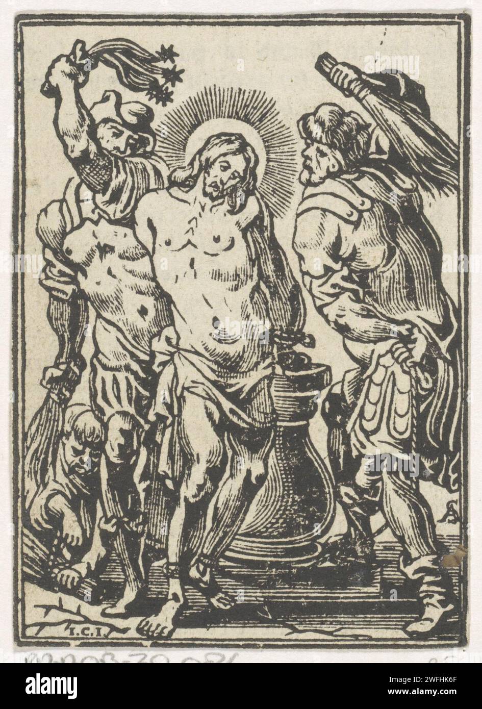 Messeling of Christ, Jan Christoffel Jegher, dopo Antoine Sallaert, stampa del 1649 Cristo, vestito con un lombato, viene picchiato dai soldati con una piaga e delle canne. Carta di Anversa tipografia stampa flagellazione da parte dei soldati, Cristo di solito legato a una colonna (Matteo 27:26; Marco 15:15; Giovanni 19:1) Foto Stock