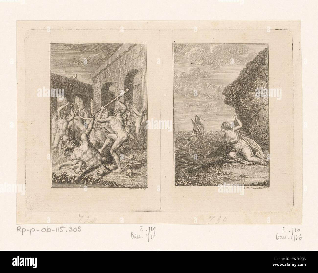 Due spettacoli della vita di Thoseus, Daniel Nikolaus Chodowiecki, 1794 stampa a sinistra: Theseus Beats the Minotaurus. Destra: Thoseus lascia Arianna in lutto su Naxos. Numerato in alto a sinistra: 3,4. Incisione di carta di Berlino (storia di) Theseus. Teseo uccide il Minotauro. Arianna si è lasciata sull'isola di Naxos Foto Stock