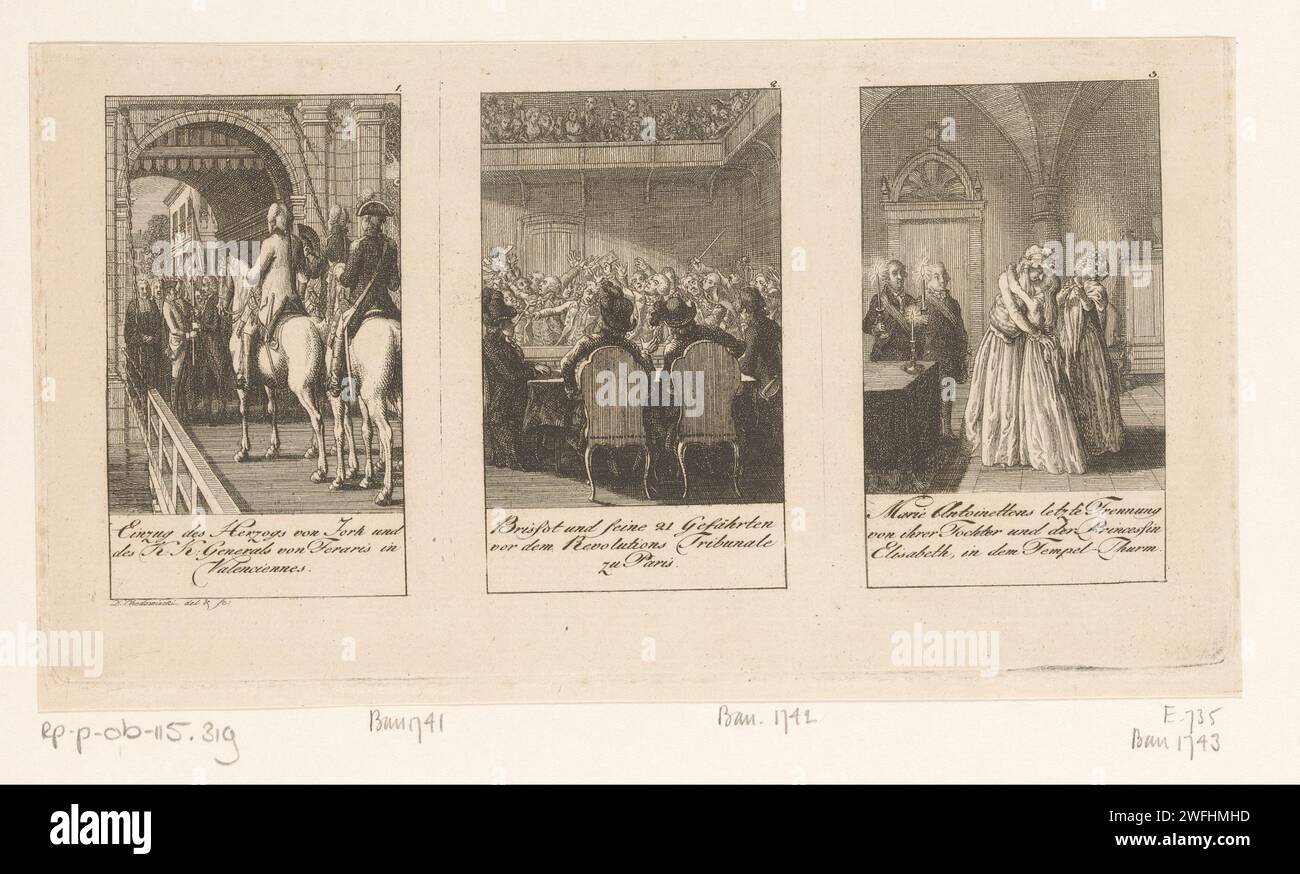 Tre spettacoli della più recente storia francese, Daniel Nikolaus Chodowiecki, 1794 stampa le stampe sono numerate in alto a destra. Con didascalia in tedesco. Stampatore: Berlinafter proprio design di: Berlinpublisher: Lauenburg carta incisione ponte levatoio  città fortificata. bandiera, colori (come simbolo dello stato, ecc.). rivoluzione, rivolta. tribunale politico (+ aula di tribunale). famiglia del sovrano Foto Stock