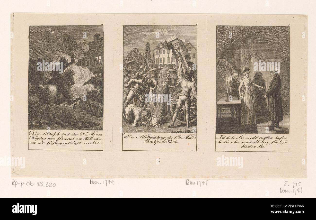 Tre spettacoli della più recente storia francese, Daniel Nikolaus Chodowiecki, 1794 stampa le stampe sono numerate in alto a destra. Con didascalia in tedesco. Stampatore: Berlinafter proprio design di: Berlinpublisher: Lauenburg carta incisione carica  battaglia. fumo. morte violenta  decapitazione da ghigliottina. candela. principessa Foto Stock