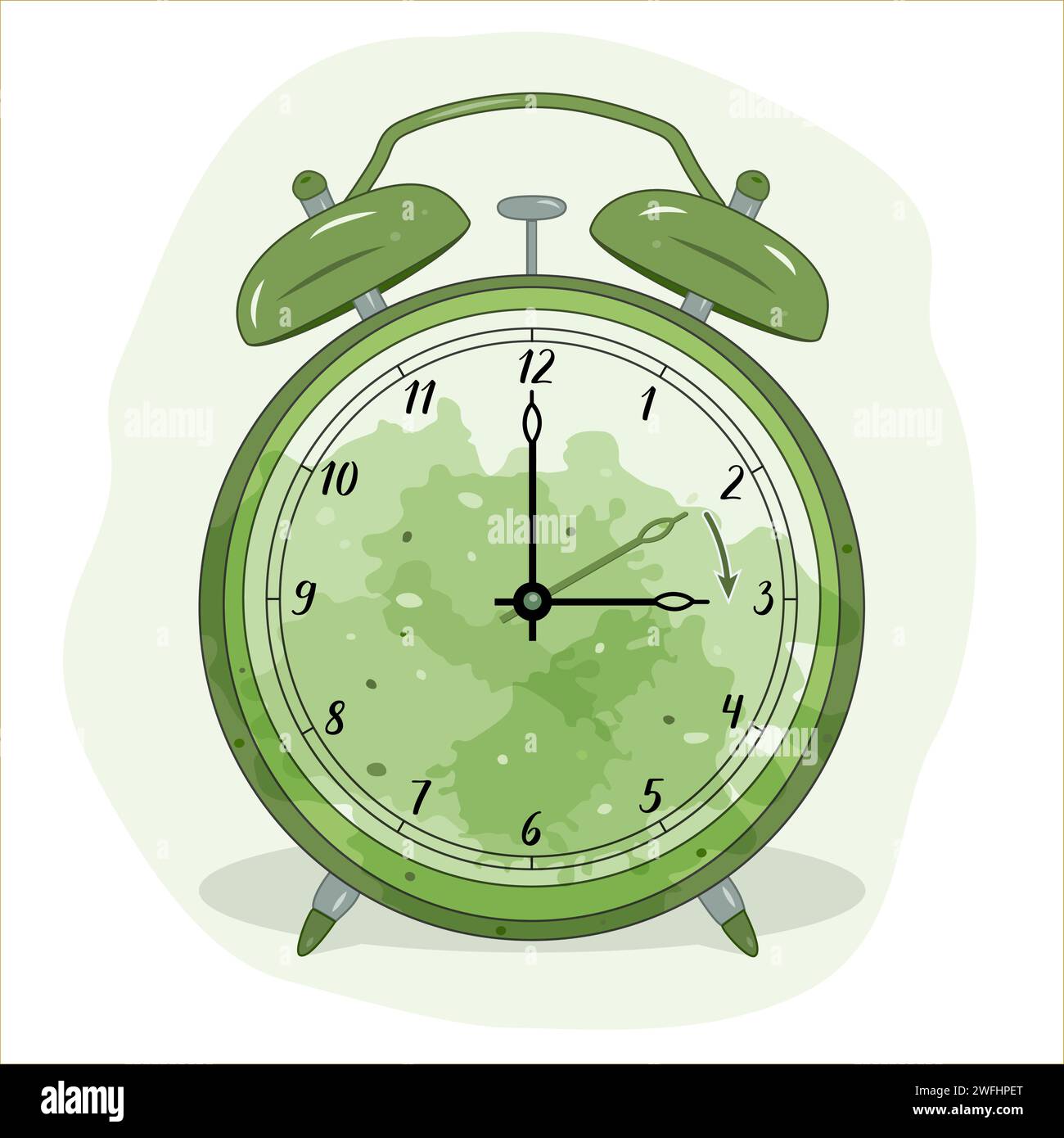 Immagine di una sveglia. Il colore verde simboleggia l'ora primaverile. Simbolo di cambio orario. Spostare le mani in avanti dalle 2:00 alle 3:00. Illustrazione Vettoriale