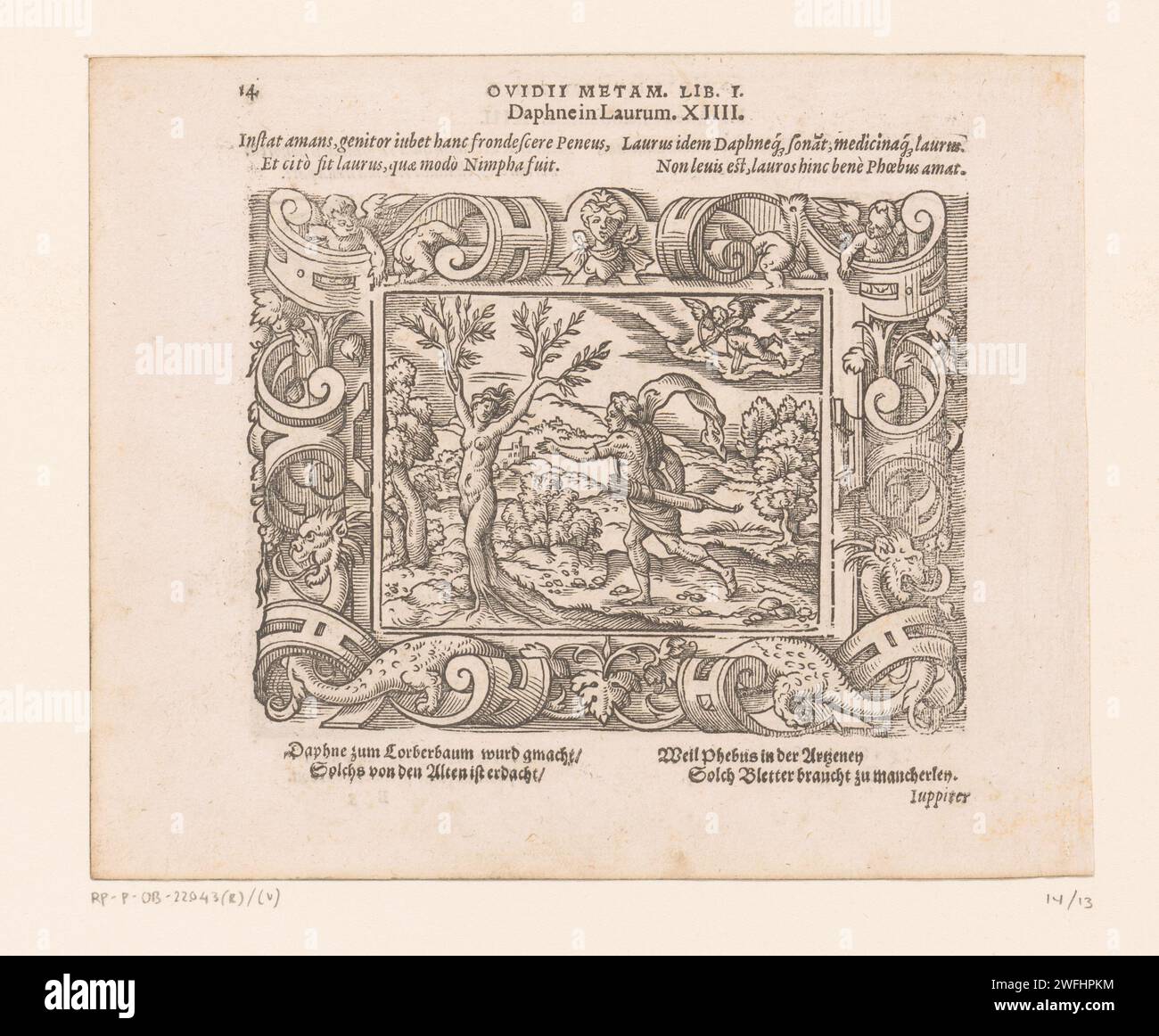 Daphne Verandert in Een Laurierboom, Virgil, 1569 tipografia: Neurenbergpublisher: Frankfurt am Mainpublisher: Frankfurt am Mainpublisher: Frankfurt am Main paper tipografia Daphne mutò in un albero di alloro: Mentre fuggiva da Apollo, Daphne fu trasformata in un albero di alloro da suo padre Peneo (Ovidio, Metamorfosi i 548). graffette, graffette  ornamento Foto Stock