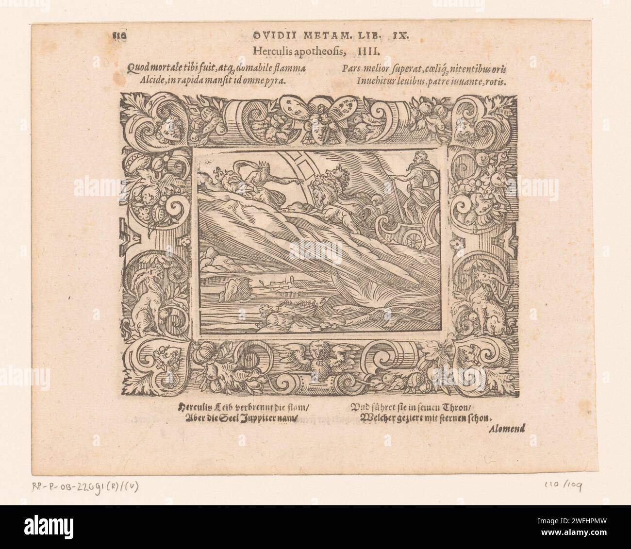 Apotheose Van Hercules Virgil, 1569 stampa dopo la sua morte, Ercole viene portato nella macchina di Minerva a Giove, per prendere il suo posto tra i dodici dei dell'Olimpo. In basso a destra il palo su cui Ercole si era fatto deporre. Tipografia: Neurenbergpublisher: Frankfurt am Mainpublisher: Frankfurt am Mainpublisher: Frankfurt am Main paper letterpress Printing scrollwork, strapwork  ornamento. Apoteosi di Ercole: È portato in cielo in un carro a quattro cavalli e riconciliato con Giunone Foto Stock