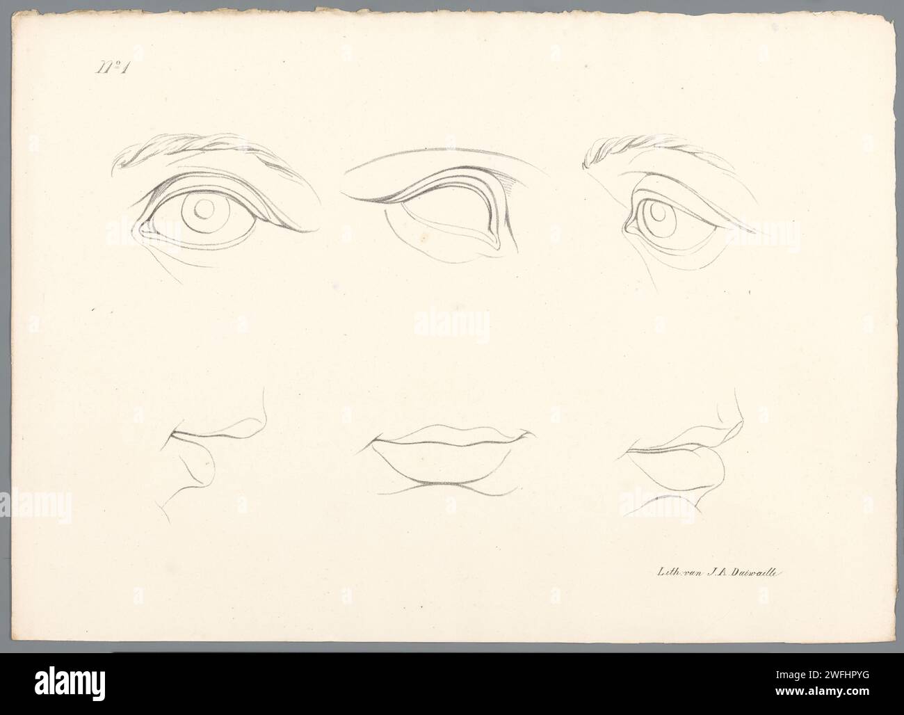 Tre occhi e tre bocche, Jean Augustin Daiwaille, stampa 1820 - 1826 l'occhio medio non ha pupilla. Una bocca è vista di lato. Numerato in alto a sinistra: "N. 1" questa stampa fa parte di una copertina con quattordici stampe. Occhi di carta Amsterdam (+ vista frontale). occhi (+ vista a tre quarti). bocca leggermente aperta (+ vista a tre quarti). bocca Foto Stock