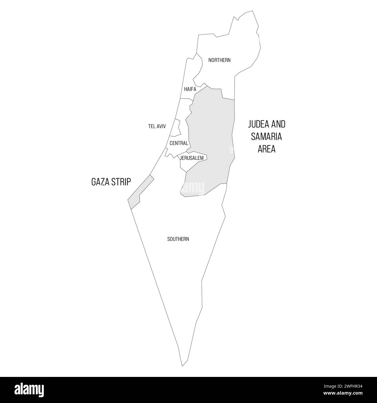 Mappa politica israeliana delle divisioni amministrative - distretti, Striscia di Gaza, Judea e Samaria. Mappa vettoriale in bianco e nero. Illustrazione Vettoriale