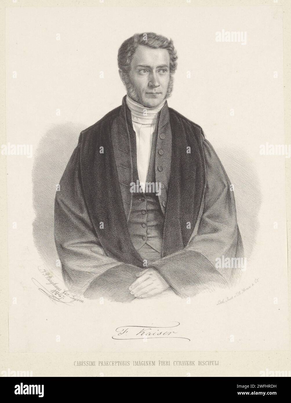 Ritratto van Frederik Kaiser, Johann Peter Berghaus, stampa del 1847 la persona ritratta è raffigurata frontalmente e guarda a destra. Indossa un abito e le sue mani si appoggiano in grembo. Sotto il ritratto ci sono la firma e una didascalia in latino. Stampatore: Leidenprinter: Carta olandese. persone storiche Foto Stock