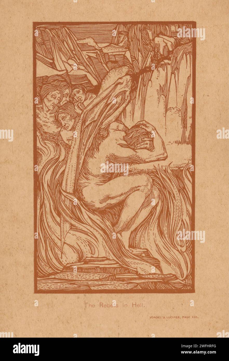 Ribelli all'inferno, Johannes Josephus Aarts, 1898 stampa in primo piano Lucifero, seduto, circondato da fiamme. Nasconde la testa in entrambe le braccia. Dietro di lui altre persone ribelli. Il paesaggio è roccioso. Carta tipografi che stampano demoni e demoni: Lucifer. rappresentazioni dell'inferno (con i dannati e i diavoli), di solito con fuoco ardente Foto Stock