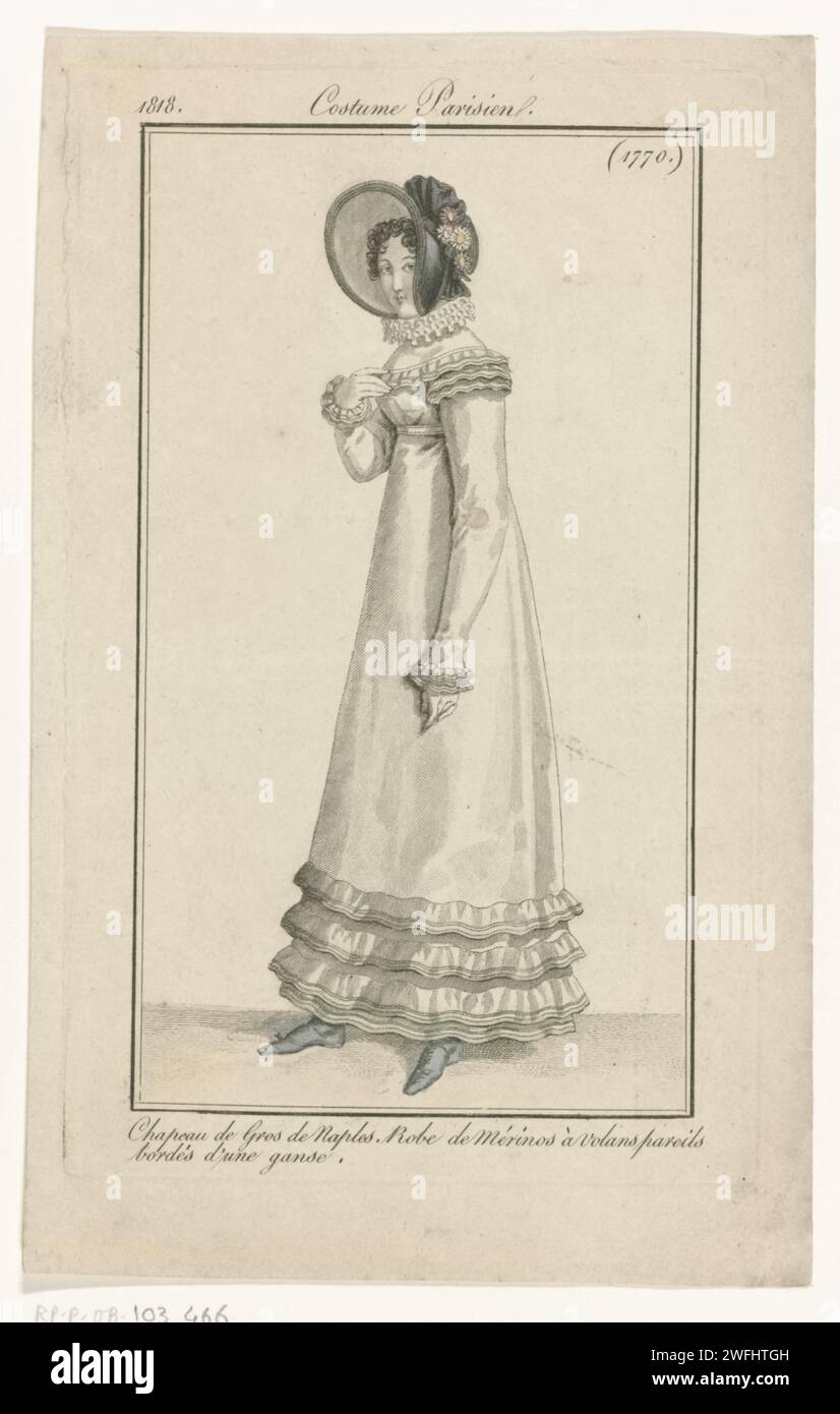 Journal of the Ladies and Fashions, costume parigino, 31 ottobre 1818, (1770): Cappello Gros de Naples (...), Anonymous, 1818 donna in piedi vestita con una montatura di lana merino con volanti coordinati rifiniti con un galon. Sulla testa un cappello a baldacchino di 'Gros de Naples'. La stampa fa parte della rivista di moda Journal des Dames et des Modes, pubblicata da Pierre de la Mésangère, Parigi, 1797-1839. Targhe di moda in carta di Parigi. copricapo: cappello (+ abiti da donna). Abbigliamento da collo  (con NOME) (+ abiti da donna). abito, abito (+ abiti da donna). Foto Stock