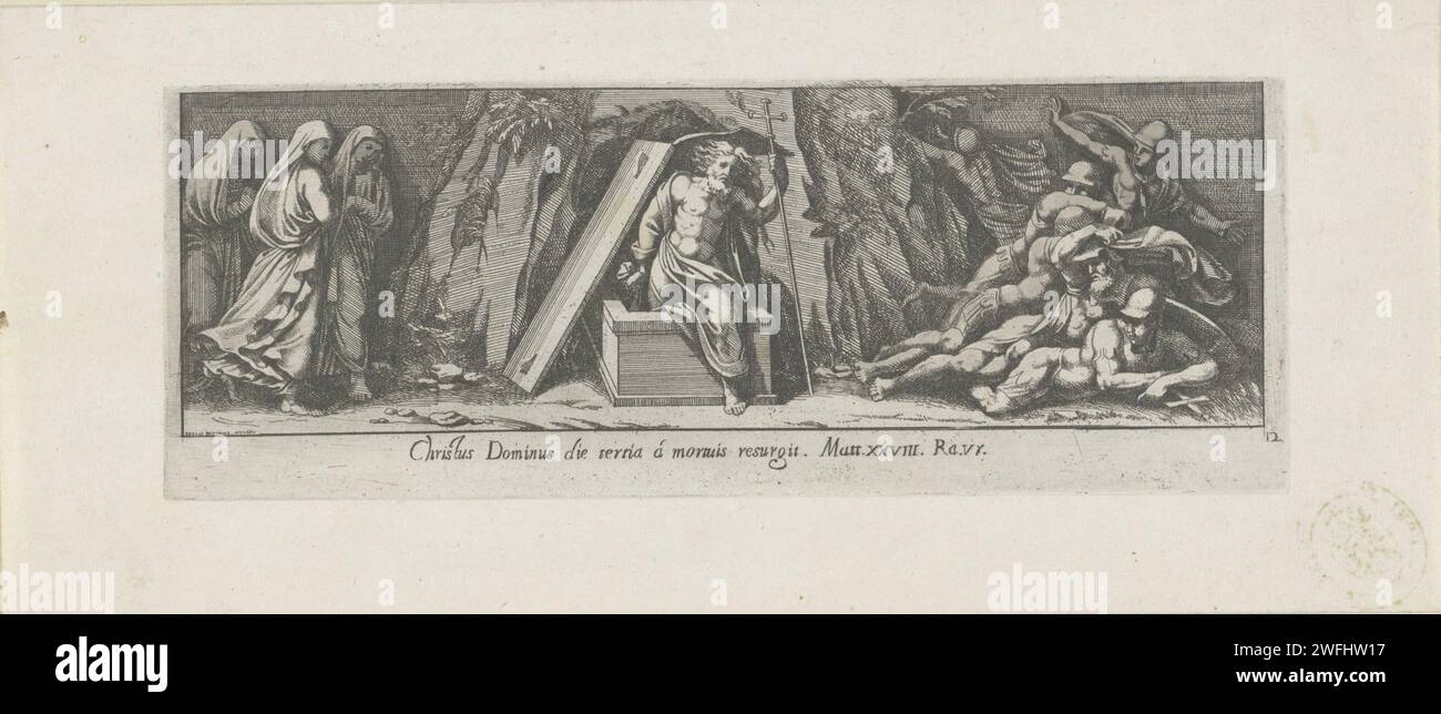 Risurrezione di Cristo, Pietro Sante Bartoli, dopo Perino del vaga, dopo Rafaël, 1645 - 1700 stampa Cristo sale da un sarcofago. A sinistra le tre Maria A destra un gruppo di soldati scioccati. Titolo e riferimento al testo biblico in Submarga. Tipografia: ItalyaFter Pittura di: Città del Vaticano Figter Design di: Città del Vaticano l'incisione/incisione di carta Cristo, di solito tenendo uno striscione, nasce dalla tomba; spesso combinato con soldati addormentati e/o spaventati Foto Stock Risurrezione di Cristo, Pietro Sante Bartoli, dopo Perino del vaga, dopo Rafaël, 1645 - 1700 stampa Cristo sale da un sarcofago. A sinistra le tre Maria A destra un gruppo di soldati scioccati. Titolo e riferimento al testo biblico in Submarga. Tipografia: ItalyaFter Pittura di: Città del Vaticano Figter Design di: Città del Vaticano l'incisione/incisione di carta Cristo, di solito tenendo uno striscione, nasce dalla tomba; spesso combinato con soldati addormentati e/o spaventati Foto Stock