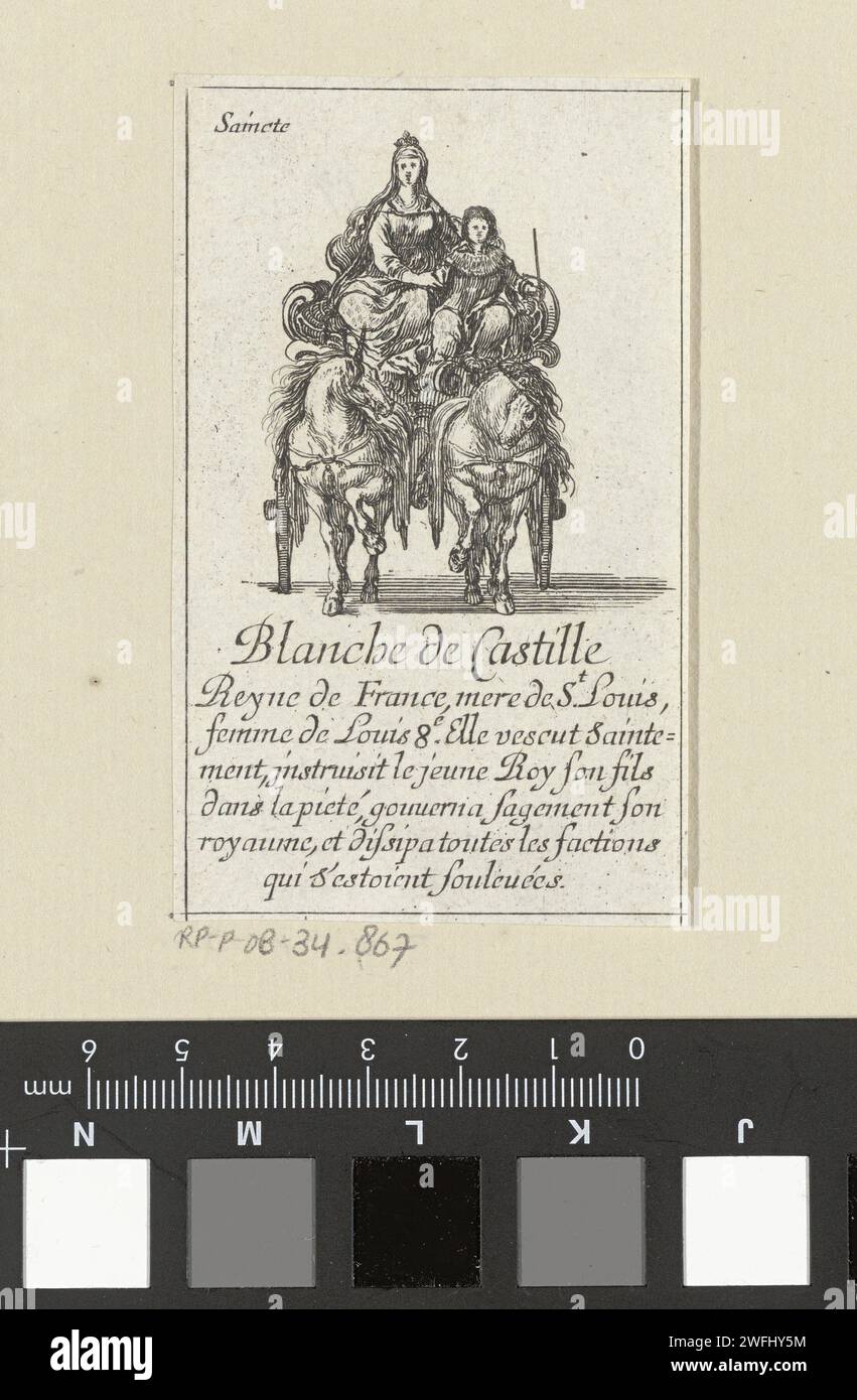 Blanca van Castile, Stefano della bella, 1620 - 1664 stampa. Carta da gioco carta da gioco con una performance di Blanca van Castile, la moglie di re Luigi VIII, con suo figlio in una carrozza trainata da due unicorni. Testo in STUDMARGE. Righello di incisione carta Parigi, sovrano - BB - righello femminile. unicorn. veicolo a due ruote trainato da due animali Foto Stock