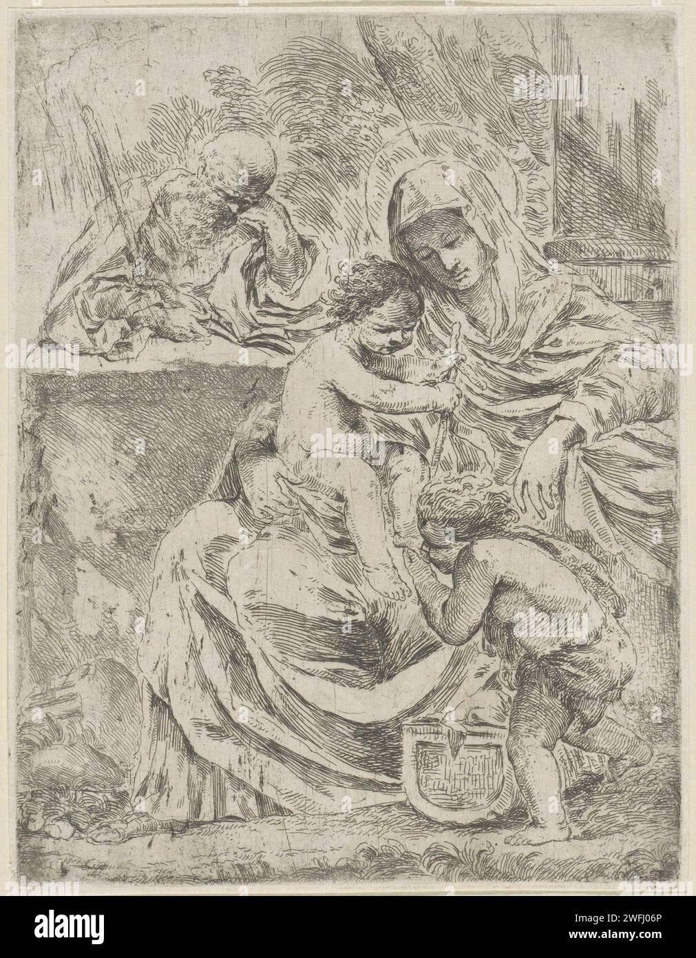 Sacra famiglia con Johannes, Francesco Amato, c. 1585 - c. 1620 stampa Maria con il bambino Cristo in grembo. Il giovane Giovanni Battista bacia il piede di Cristo. Sullo sfondo, Giuseppe si appoggia su un muro. Carta Italia incisione Sacra famiglia con Giovanni Battista (da bambino) Foto Stock