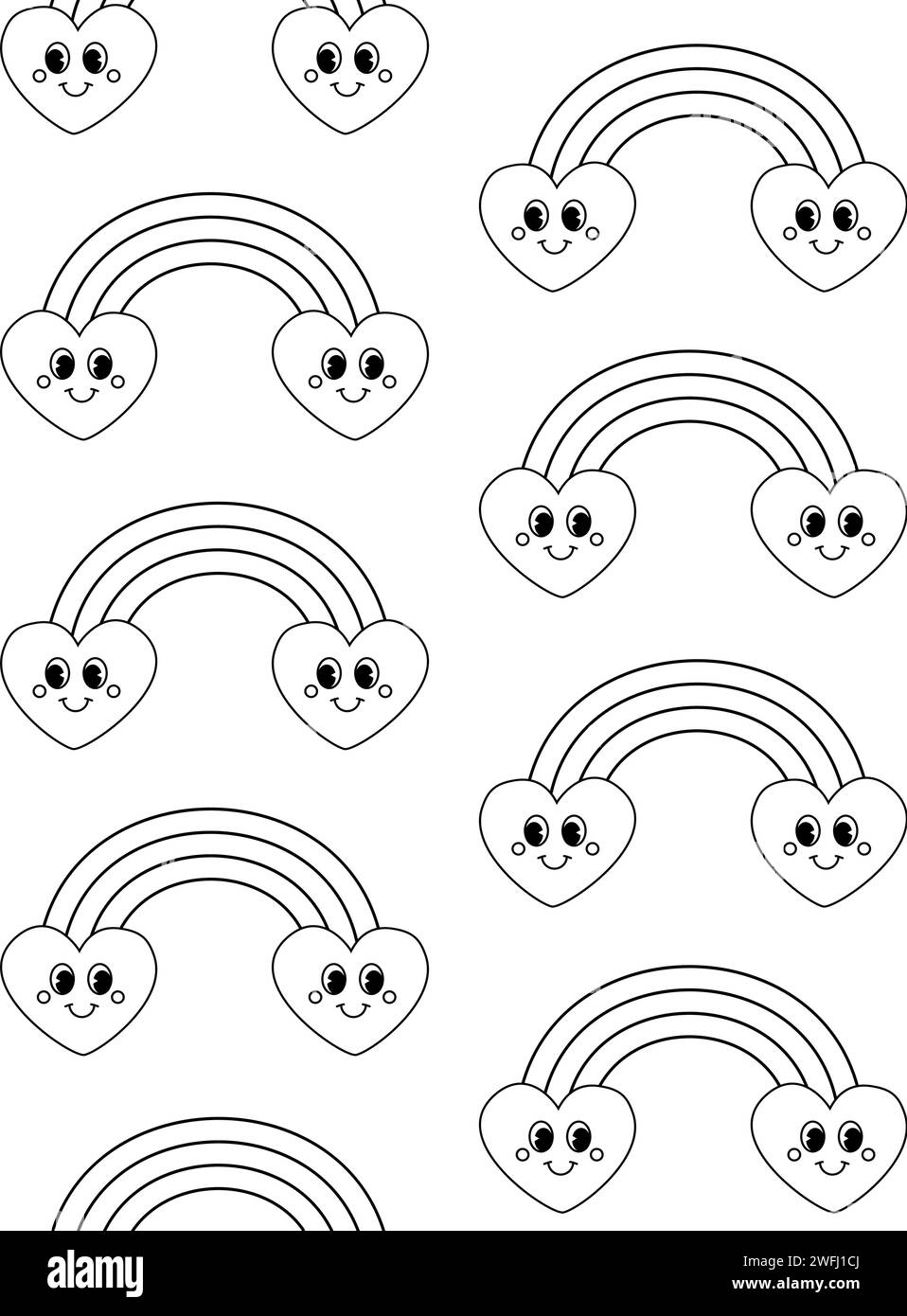 Motivo vettoriale senza cuciture di un cartoni animati dal contorno retrò arcobaleno con cuori isolati su sfondo bianco Illustrazione Vettoriale