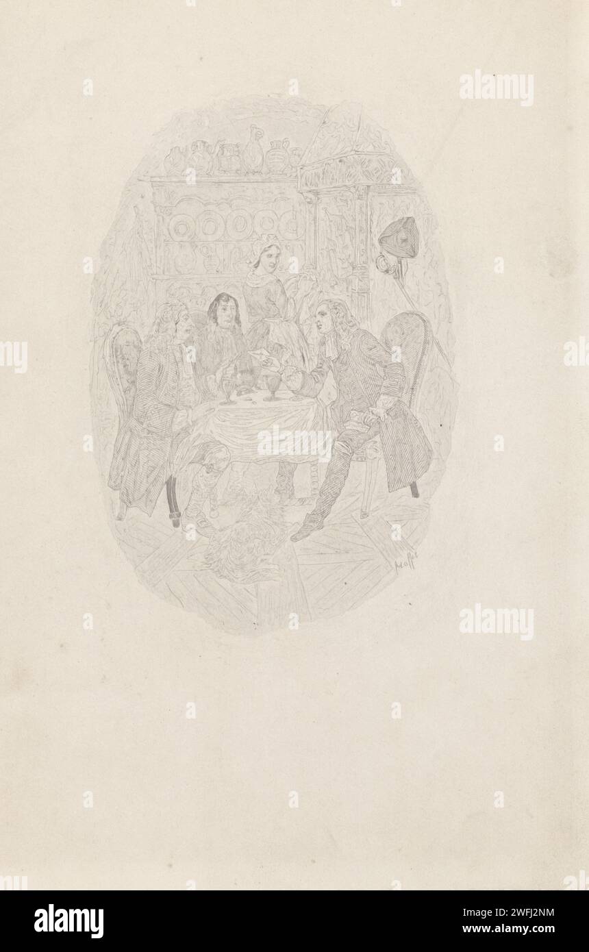 Tre uomini a tavola, Johannes de Mare, dopo Denis Auguste Marie Raffet, 1816 - 1889 stampano tre uomini a un tavolo in una cucina interna, uno dei quali con una lettera in mano. Una cameriera sullo sfondo. incisione su carta cucina-interni. cameriera della cucina, cameriera della cucina. tabella. lettera, busta Foto Stock