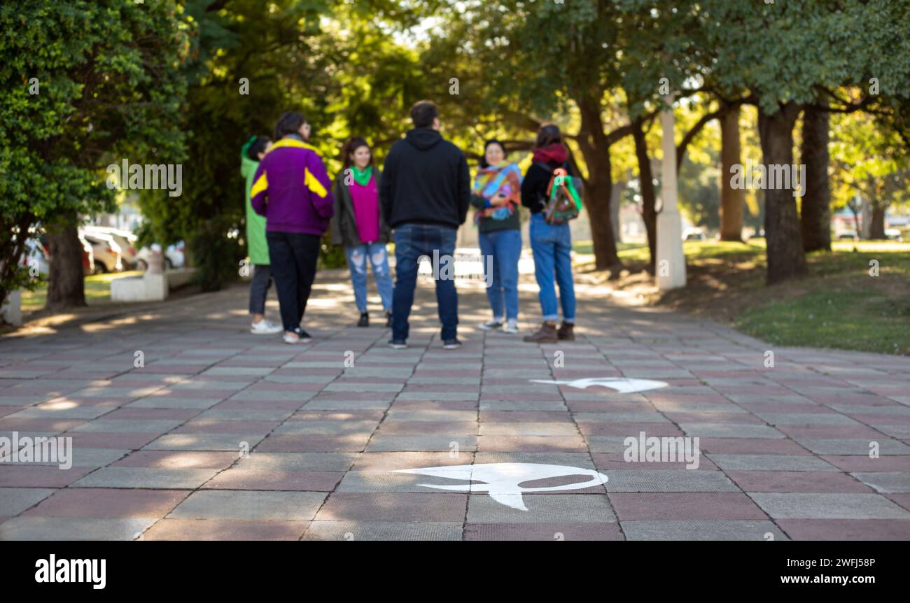 Un variegato gruppo di individui che passeggiano lungo un pittoresco sentiero in mattoni circondato da alberi lussureggianti Foto Stock