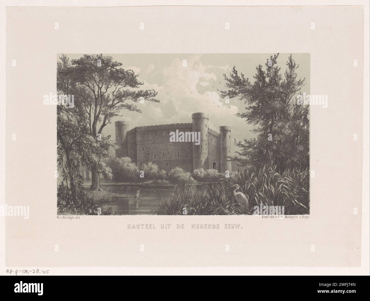 Castello nel IX secolo, Willem Jacob Hofdijk, 1857 - 1864 stampa il castello è visto dall'acqua. Alberi e arbusti di destra e di sinistra e due aironi. Tipografia: Netherlandsafter design by: Netherlandsprinter: The Haguepublisher: The Hague paper Castle Netherlands Foto Stock