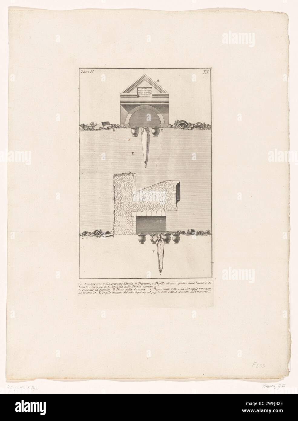 Grafico in graphkersers van l.Truntius van's attress petranasi, c. 1756 - c. 1757 stampa Vista su e sezione trasversale di una tomba nelle camere di sepoltura di L. Arruntius. Numerato in alto a sinistra: Tom. II. Numerato in alto a destra: XI Sotto un testo e una lista esplicativa di lettere, stampate da un'altra lastra. Roma carta incisione rovina di un edificio  architettura. Tomba, tomba Italia Foto Stock