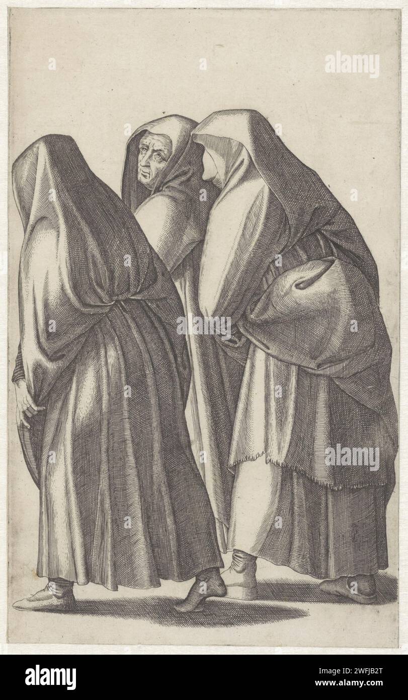 Le donne sante in cammino verso la tomba, Agostino Veneziano (attribuito a), dopo Michelangelo, dopo Rafaël, 1500 - 1536 ca. Stampare le tre donne sante, tutte e tre velate, camminano a sinistra. Solo dalla donna di mezzo e' visibile il volto. Carta italiana che incide le donne sante (le tre Marie) sulla loro strada verso o presso la tomba, per ungere il corpo di Cristo Foto Stock