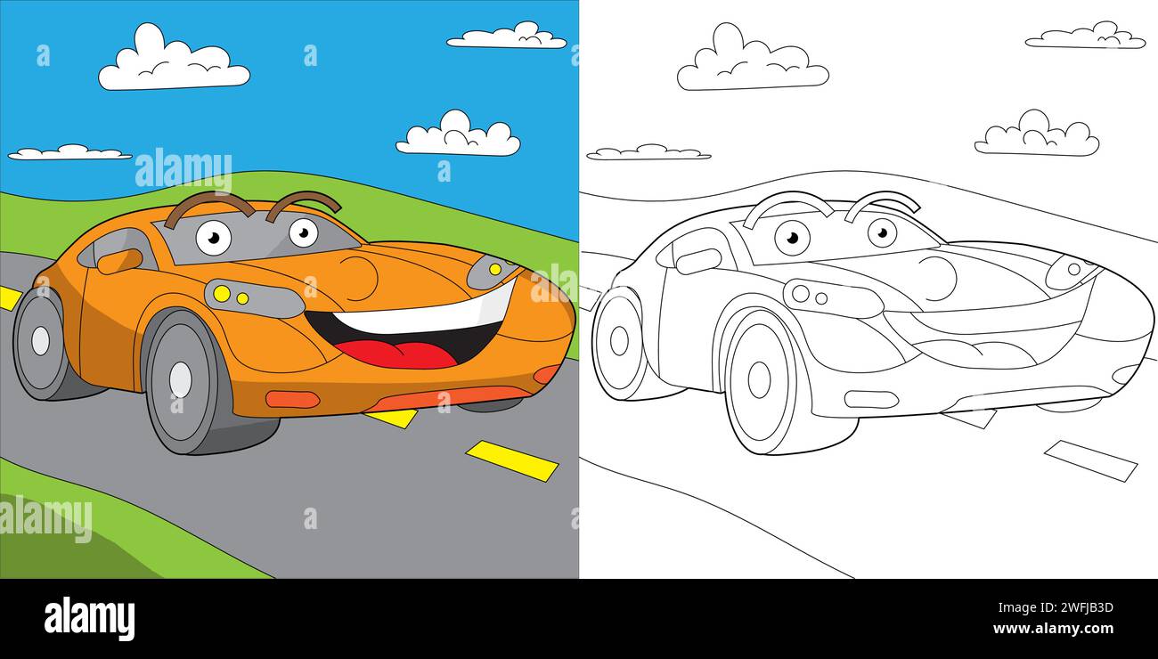 Simpatica pagina da colorare per i bambini con auto da corsa sorridente Illustrazione Vettoriale