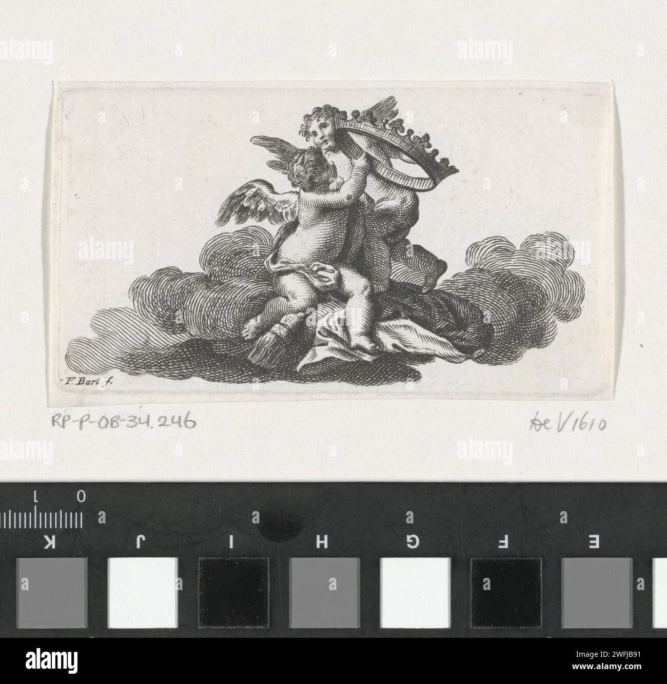 Pinzetta putti, Francesco Bartolozzi, 1738 - 1815 stampa due putti in piedi sulle nuvole e indossano una corona. Incisione/incisione italiana Cupidi: "Amores", "Amoretti", "Putti". Corona (simbolo di Sovereigty) Foto Stock
