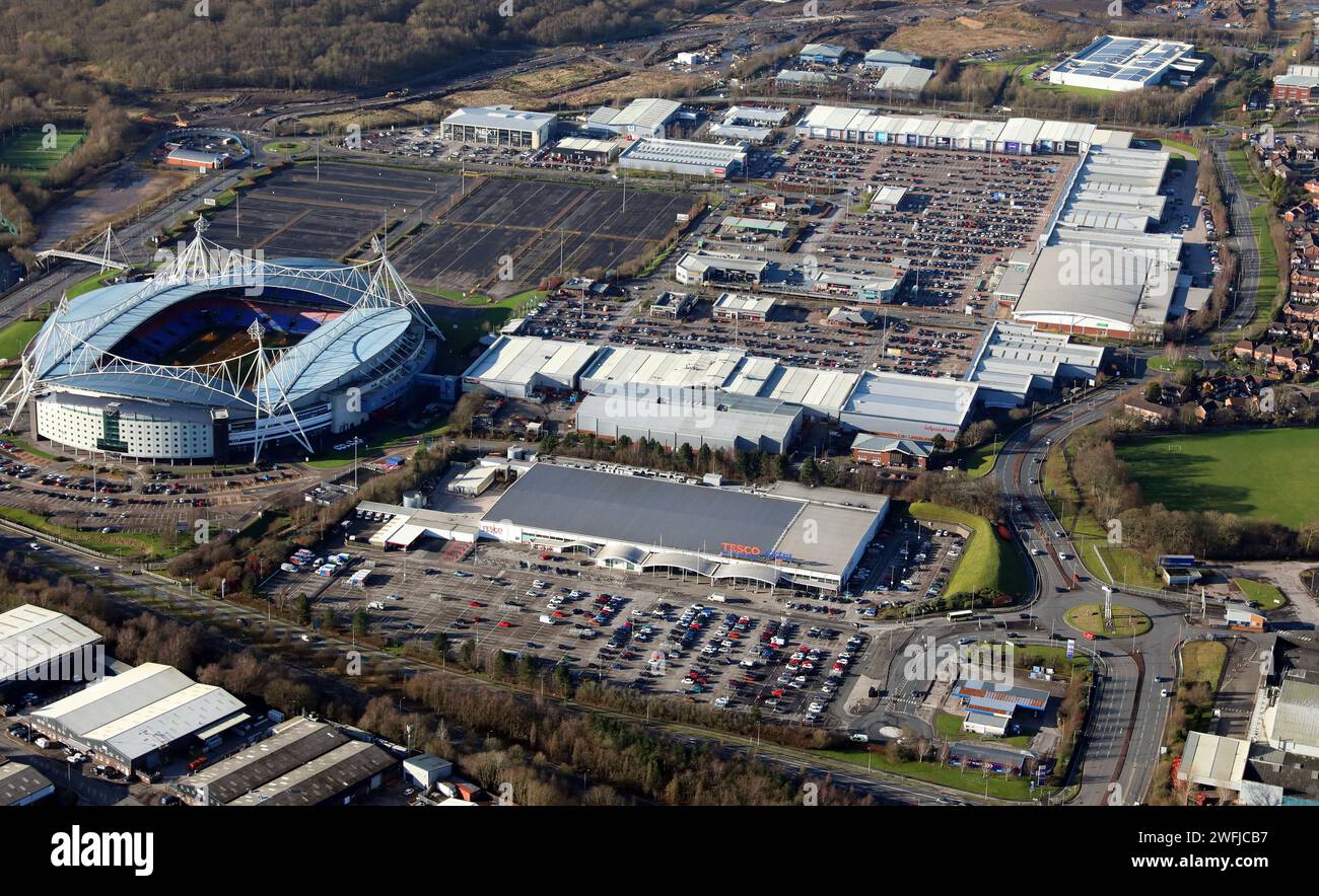 Vista aerea del Middlebrook Retail & Leisure Park a Horwich, Bolton, talvolta indicato come Reebok Development Foto Stock