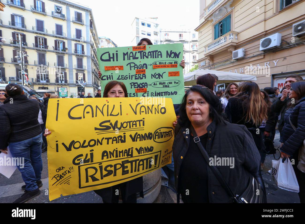 Un momento di manifestazione di volontari e associazioni per i diritti degli animali contro l'applicazione della nuova legge campana sulla rintracciabilità dei cani. Napoli, 31 gennaio 2024. Un momento di manifestazione di volontari e associazioni per i diritti degli animali contro l'applicazione della nuova legge campana sulla rintracciabilità dei cani. La manifestazione pacifica si è svolta di fronte alla sede della regione Campania, in via Santa Lucia. I manifestanti ritengono che le disposizioni della legge regionale in vigore dal 15 gennaio 2024, se rispettate, riempiranno i canili e renderanno pubbliche migliaia di cani Foto Stock