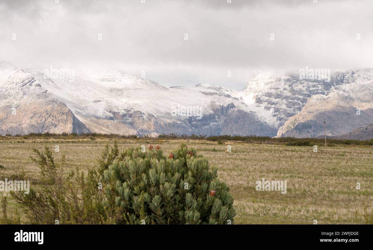 Paesaggio rurale invernale con neve sulle montagne e folte nuvole grigie che si stagliano a Cerere, Capo Occidentale, Sudafrica Foto Stock