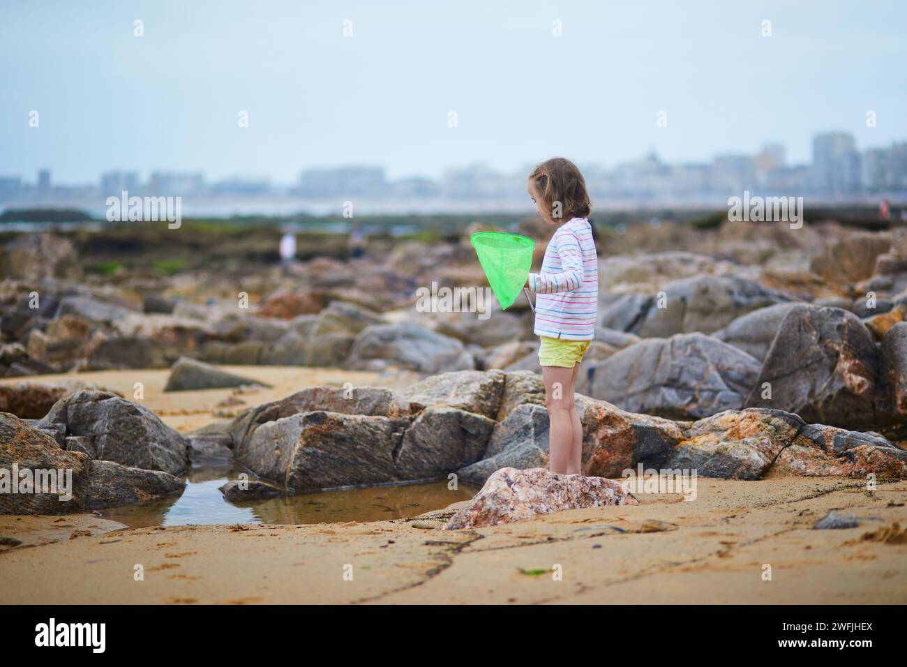 Adorabile bambina in età prescolare che gioca con la rete scoop sulla spiaggia della costa atlantica della Bretagna, Francia. Bambini piccoli che si divertono in vacanza al mare o all'oceano Foto Stock