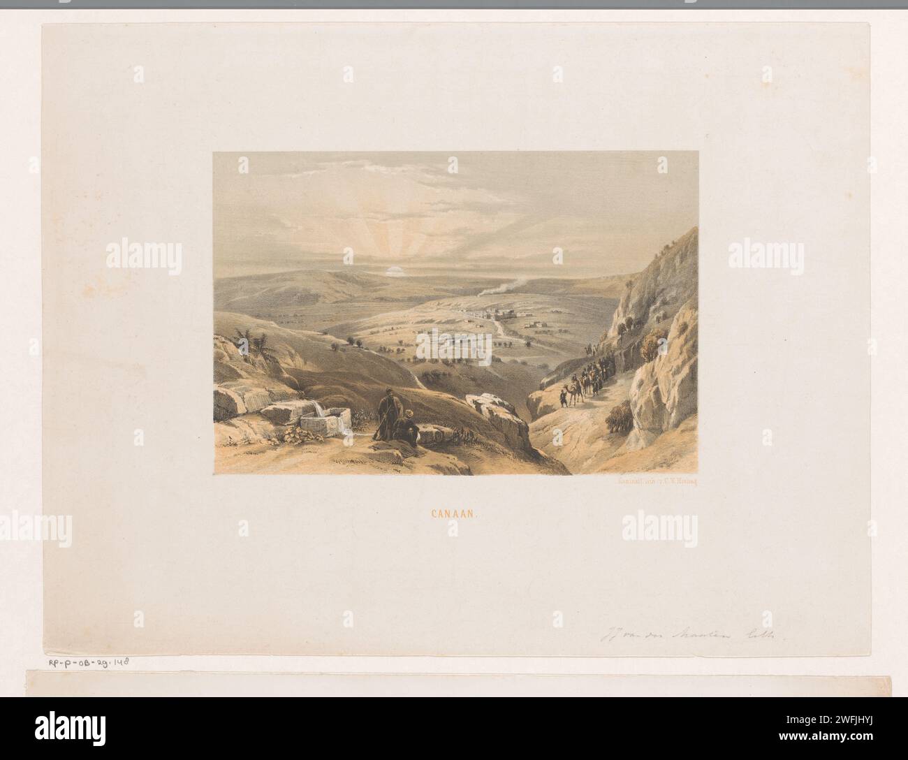 Veduta di Canaan con l'alba, Jacob Jan van der Maaten (attribuito a), 1830 - 1865 ca. Stampa sulla destra una carovana. Due figure in primo piano. Montagne di carta dell'Aia (+ paesaggio con figure, personale). "in viaggio", viaggiatore in corso. alba. Hoofed Animals: Camel Levant, of Foto Stock