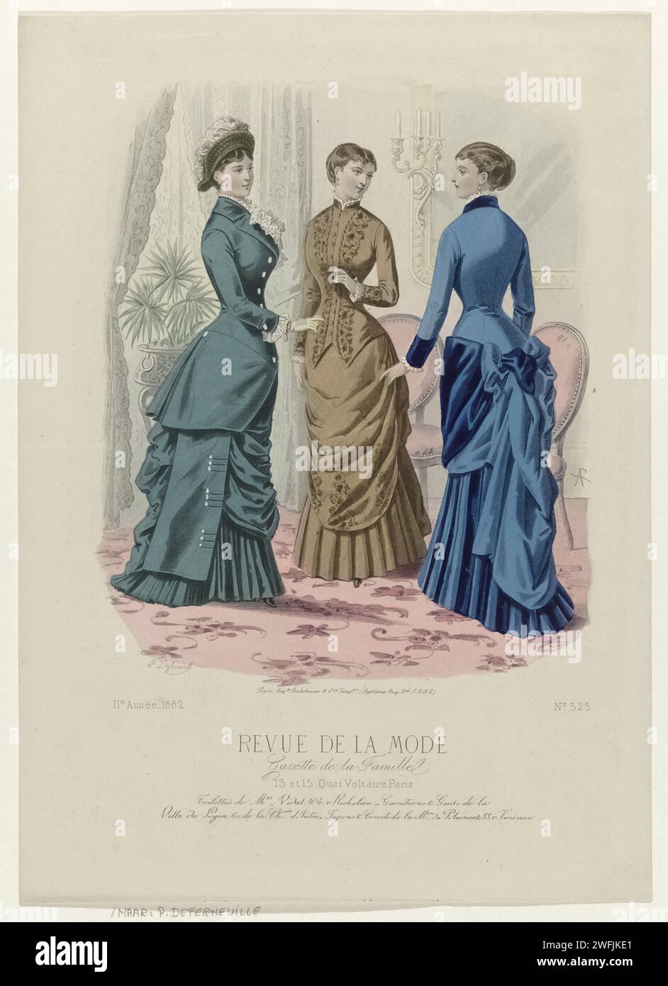 Rivista di moda, Family gazette, 1882, undicesimo anno, no 525: Bagni di M.es VIDAL (...), P. Deferneville, 1882 tre donne in un interno vestito con abiti vidal. Sotto l'immagine alcune righe di testo pubblicitario per diversi prodotti. Stampa dalla rivista di moda Revue de la Mode (1872-1913). Targhe di moda in carta di Parigi. abito, abito (+ abiti da donna). copricapo: cappello (+ abiti da donna). gonna (+ abiti da donna). bracciale, pochette da polso (+ abiti da donna) Foto Stock