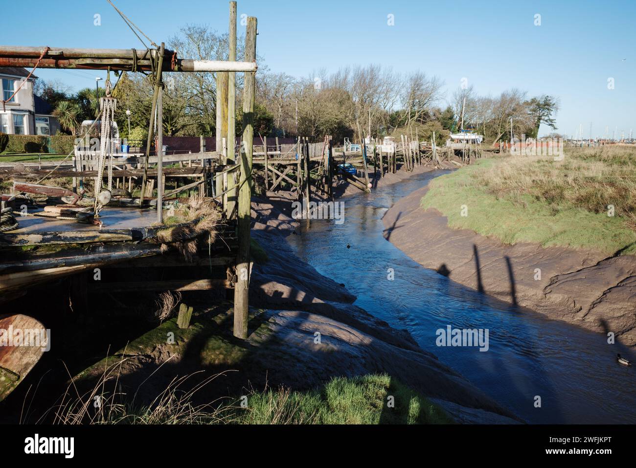 Pontoni per ormeggio in legno di Skippool Creek Lancashire UK Foto Stock
