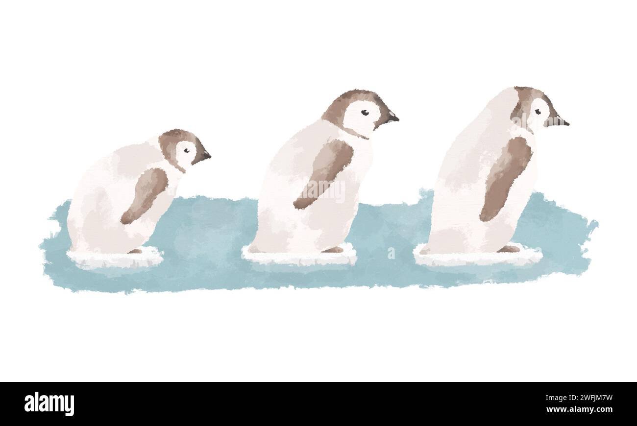 Gruppo di pinguini su un'illustrazione di iceberg che si scioglie. Concetto di riscaldamento globale. Illustrazione del concetto di cambiamento climatico. Arte per la conservazione dell'ambiente Foto Stock