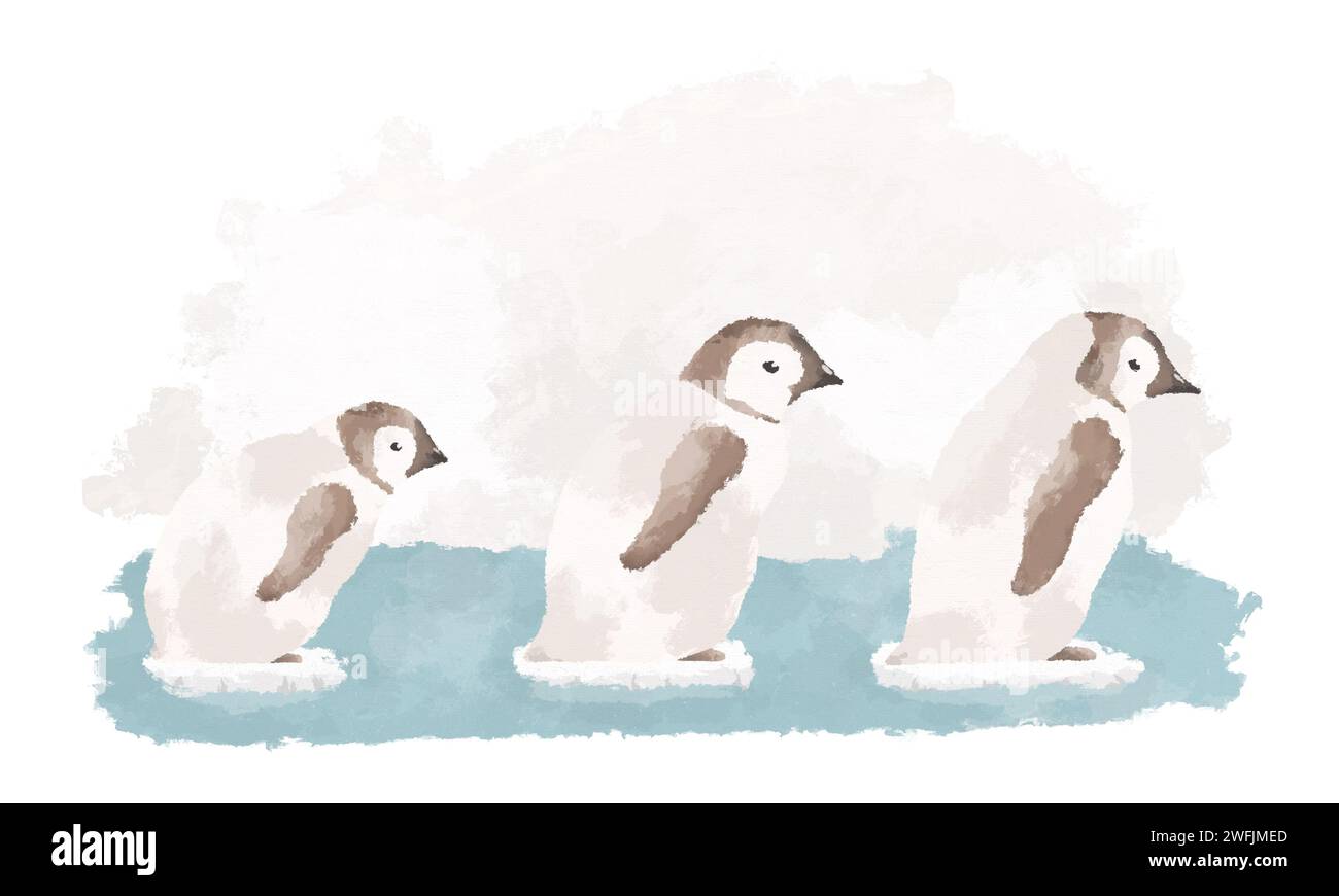 Gruppo di pinguini su un'illustrazione di iceberg che si scioglie. Concetto di riscaldamento globale. Illustrazione del concetto di cambiamento climatico. Arte per la conservazione dell'ambiente Foto Stock