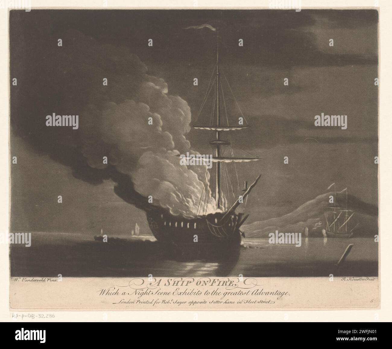 Nave in fiamme su un mare calmo, Richard Houston, 1745 - 1794 stampa testo in inglese nel margine inferiore. Numero: 6. Carta di Londra che incide sul mare. navi (in generale). battaglia (+ forza navale) Foto Stock