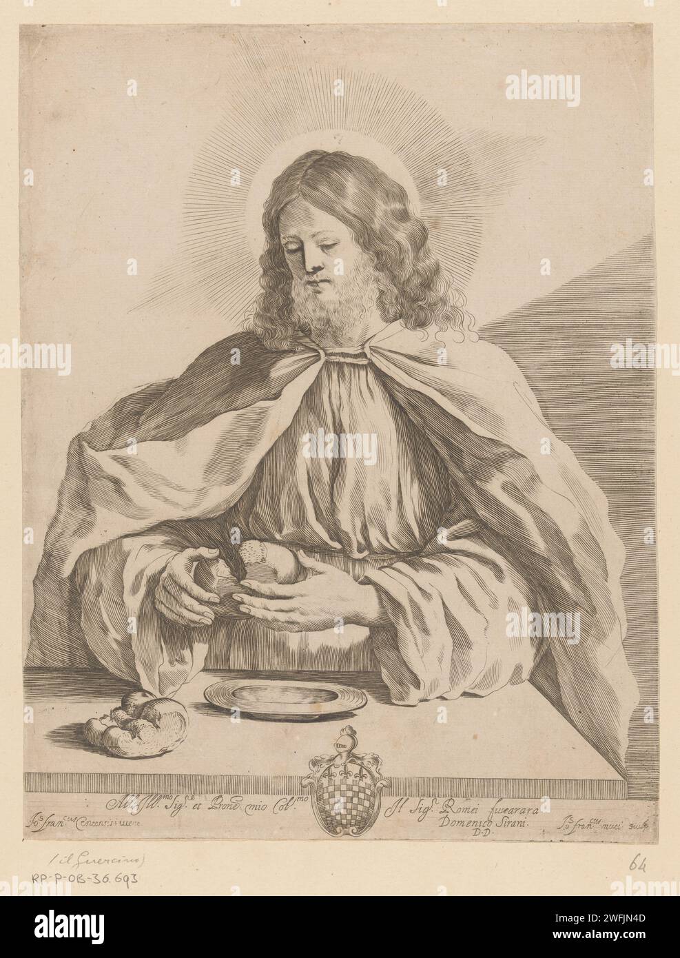 Cristo spezza il pane, Giovanni Francesco Mucci, dopo Guercino, 1630 - 1665 stampa Cristo a tavola mentre rompe il pane con le mani. Per lui sul tavolo un piatto e un pezzo di pane. Nell'incarico di sottobanco e in uno stemma. Italia incisione/incisione dell'ultima cena (in generale) (Matteo 26:21-35; Marco 14:18-31; Luca 22:3, 22:15-23; Giovanni 13:21-38). pane, pane. cuscinetto araldico Foto Stock