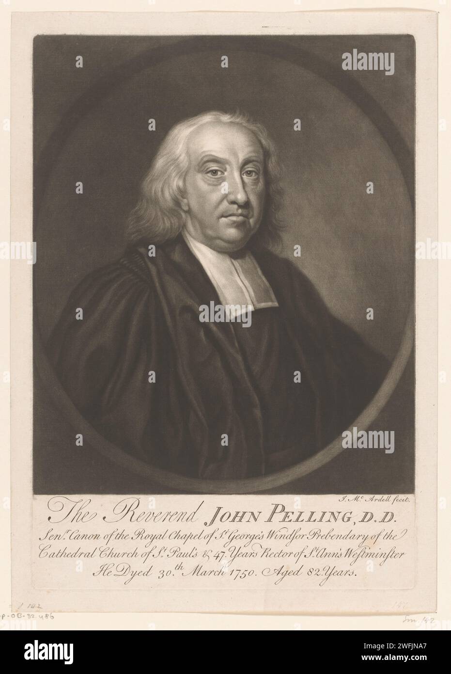 Ritratto di John Pelling, James Mcardell, 1750 - 1765 stampa London paper Historical Persons. Funzionari e dignitari (con NOME)  chiese protestanti Foto Stock