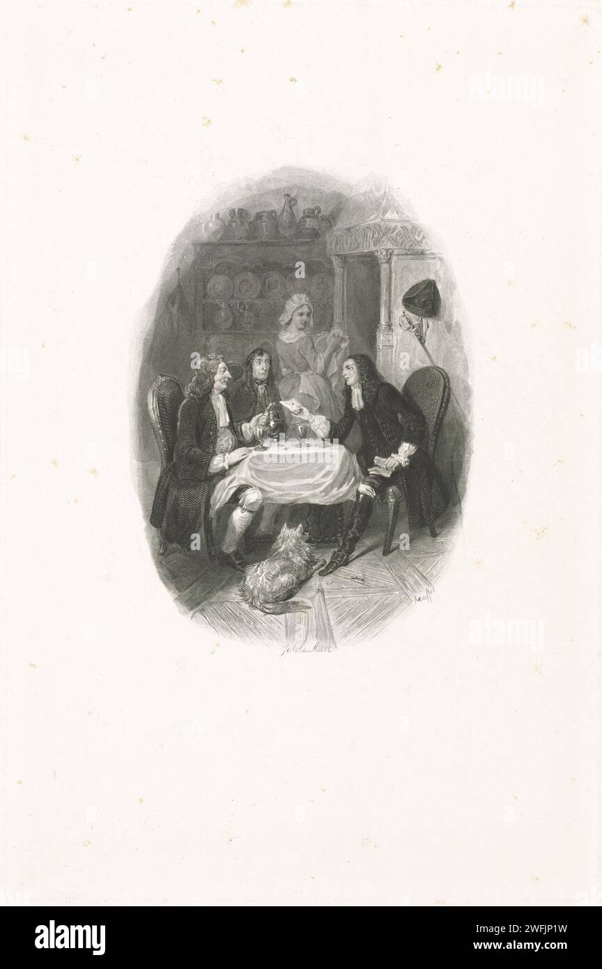 Tre uomini a tavola, Johannes de Mare, dopo Denis Auguste Marie Raffet, 1816 - 1889 stampano tre uomini a un tavolo in una cucina interna, uno dei quali con una lettera in mano. Una cameriera sullo sfondo. carta acciaio incisione cucina-interni. cameriera della cucina, cameriera della cucina. tabella. lettera, busta Foto Stock