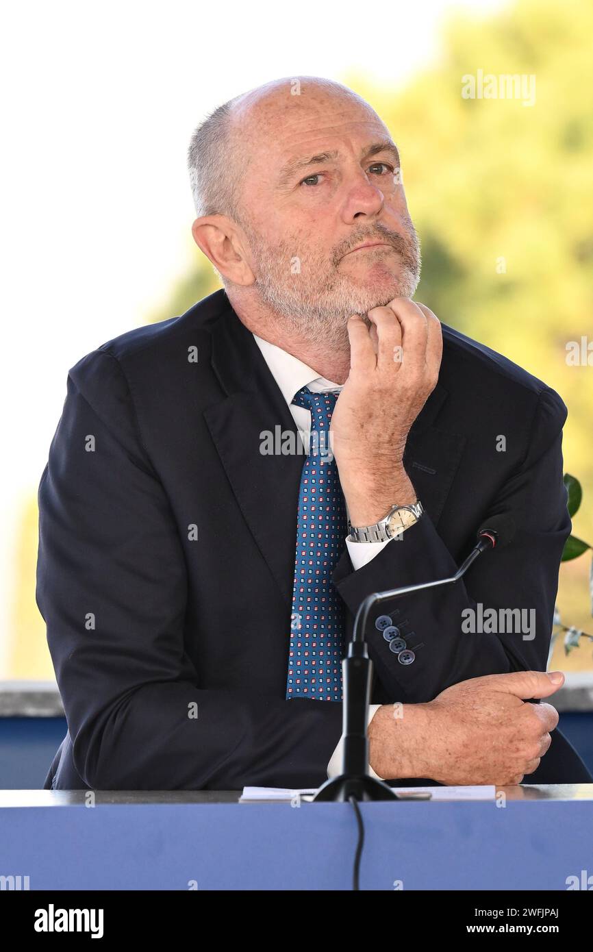 News - Conferenza stampa Jannik Sinner e Angelo Binaghi Angelo Binaghi durante la conferenza stampa dopo la vittoria degli Australian Open 2024, 31 gennaio 2024 presso la nuova sede Federtennis di Roma. Roma nuova sede Federtennis Italia Copyright: XDomenicoxCippitellix/xLiveMediax LPN 1221789 Foto Stock