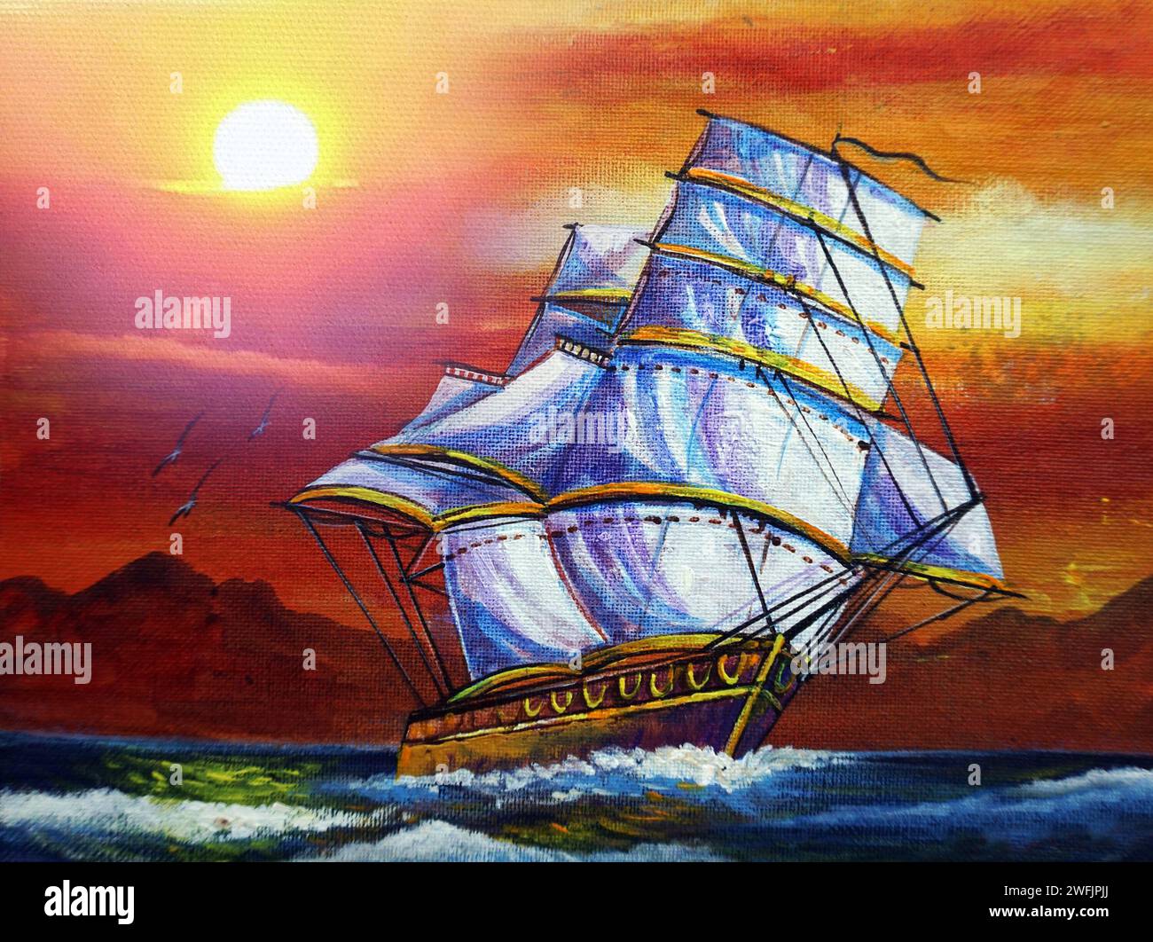 pittura a olio d'arte barca a vela , barque in mare dalla thailandia Foto Stock