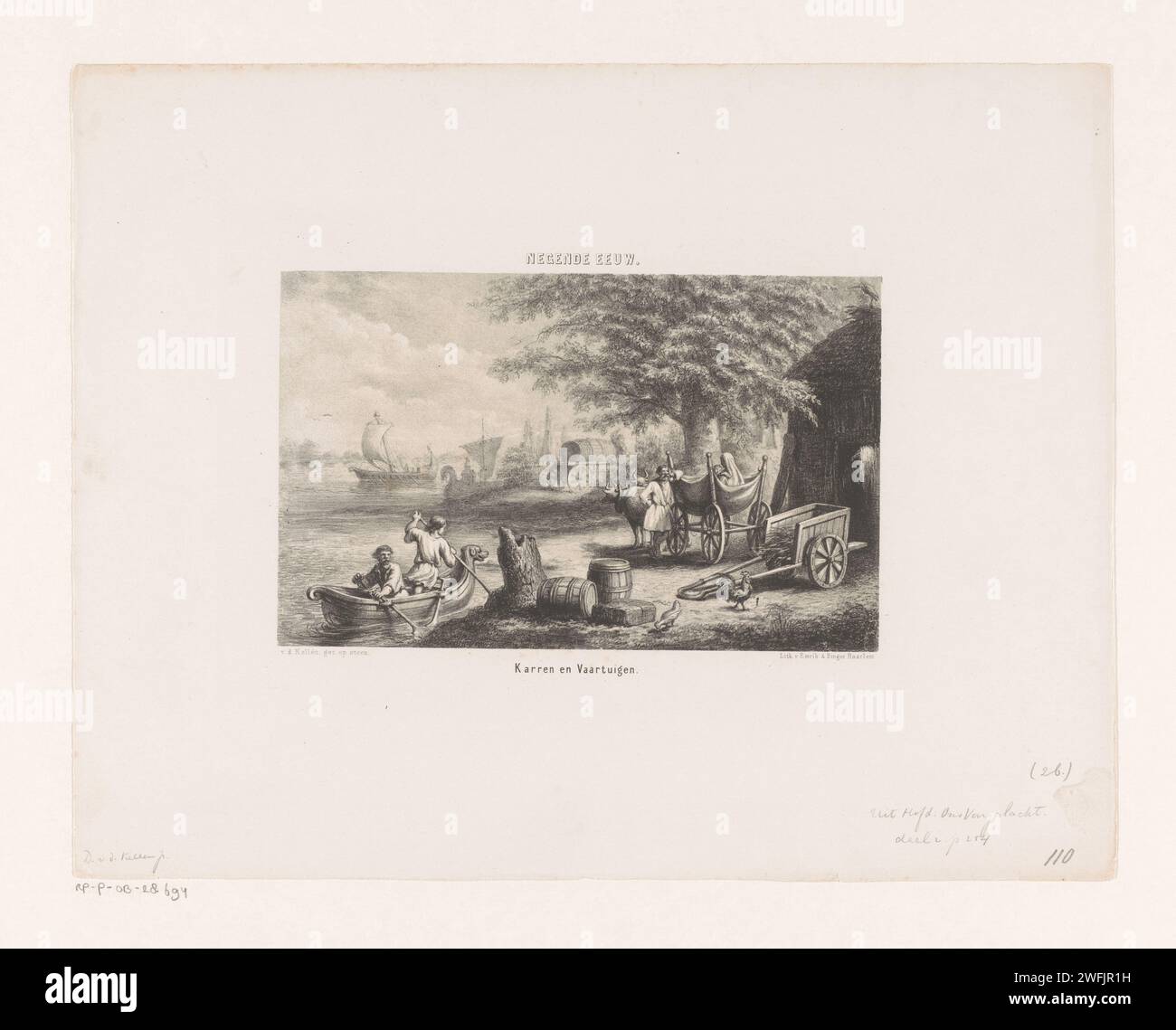 Carri e navi del IX secolo, David van der Kellen (1827-1895), 1857 - 1864 stampati carrelli e navi del IX secolo. Due uomini spingono una barca sul fiume. Haarlem traffico cartaceo e trasporti Paesi Bassi Foto Stock