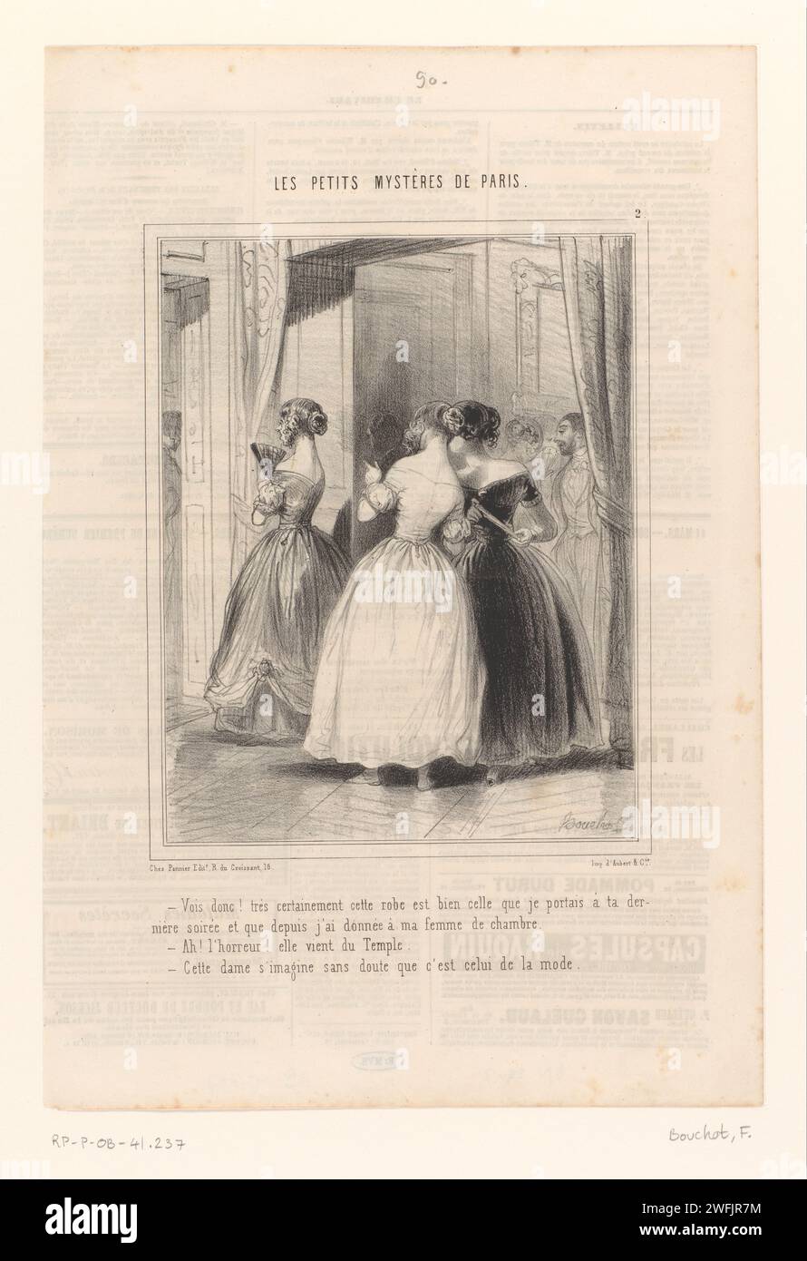 Due giovani donne pettegolezzi sul vestito di una terza donna, Frédéric Bouchot, stampa 1843 - 1844 Una giovane donna punta all'abito da sera di un'altra donna, e dice alla sua ragazza che indossava lo stesso vestito sulla sua ultima Soirée. In seguito ha dato questo vestito alla sua cameriera perché è fuori moda. Giornale di Parigi. abito di carta, abito: abito da sera. ricevimento, cocktail party. calunnia. Donna alla moda, "belle" Paris Foto Stock