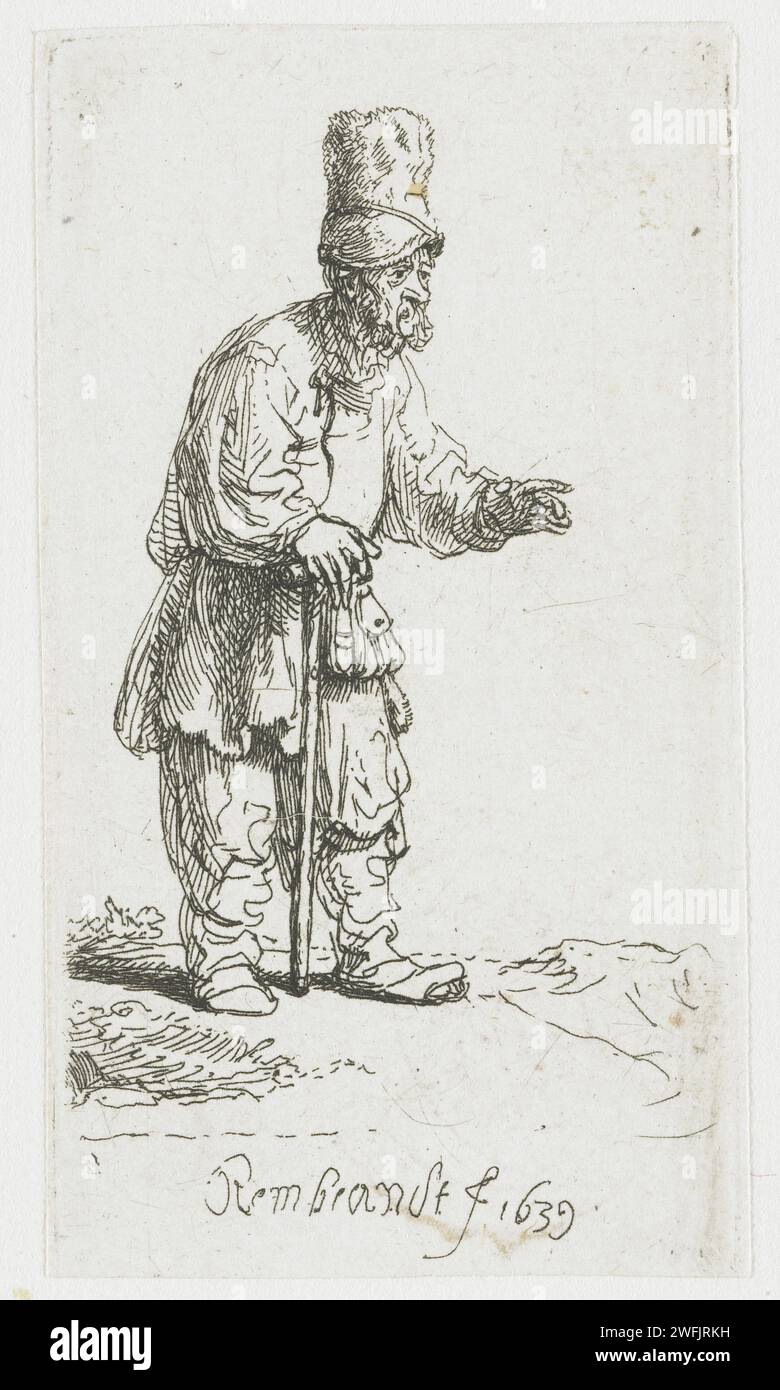 Un contadino con un cappello alto, in piedi appoggiato su un bastone, Rembrandt van Rijn, carta stampata del 1639 che incide le età dell'uomo (+ vecchio maschio (essere umano)) Foto Stock