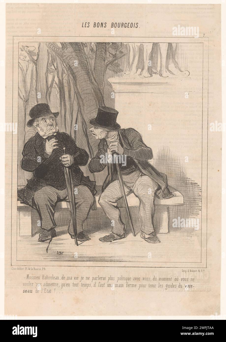 Due anziani parlano di politica, Honoré Daumier, 1846 caricature di carta di Parigi (tipi umani). vecchio. teoria politica, ideologia politica Foto Stock