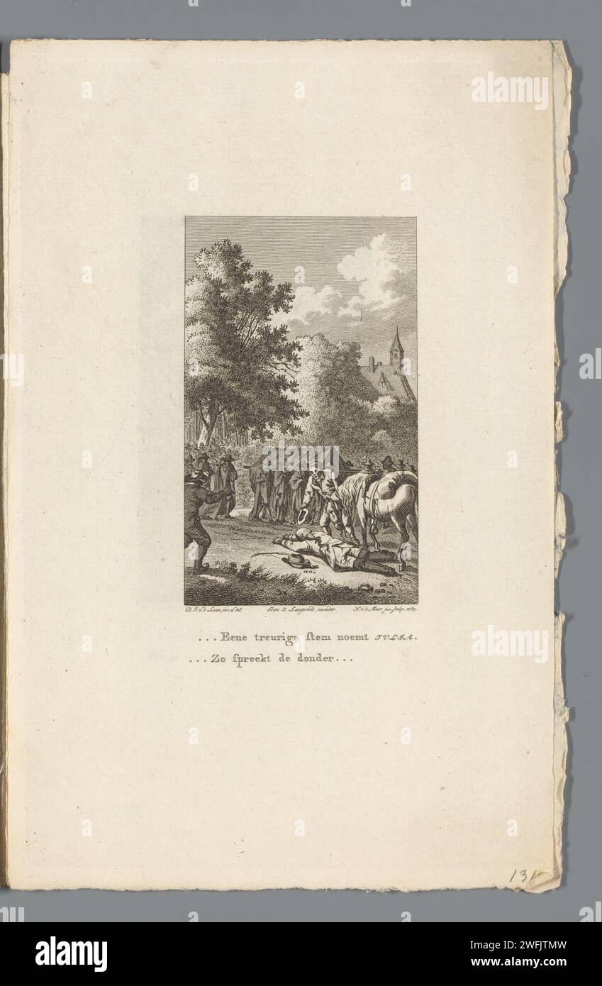 Eduard e De lutto processione, Noah van der Meer (II), dopo Dirk Jan van der Laan, stampa del 1785 Eduard è inclinato in avanti, dopo aver scoperto che la sua amata Julia è morta. Sullo sfondo la processione di lutto. La carta di Amsterdam che piange le usanze. cortegio, processione funebre Foto Stock