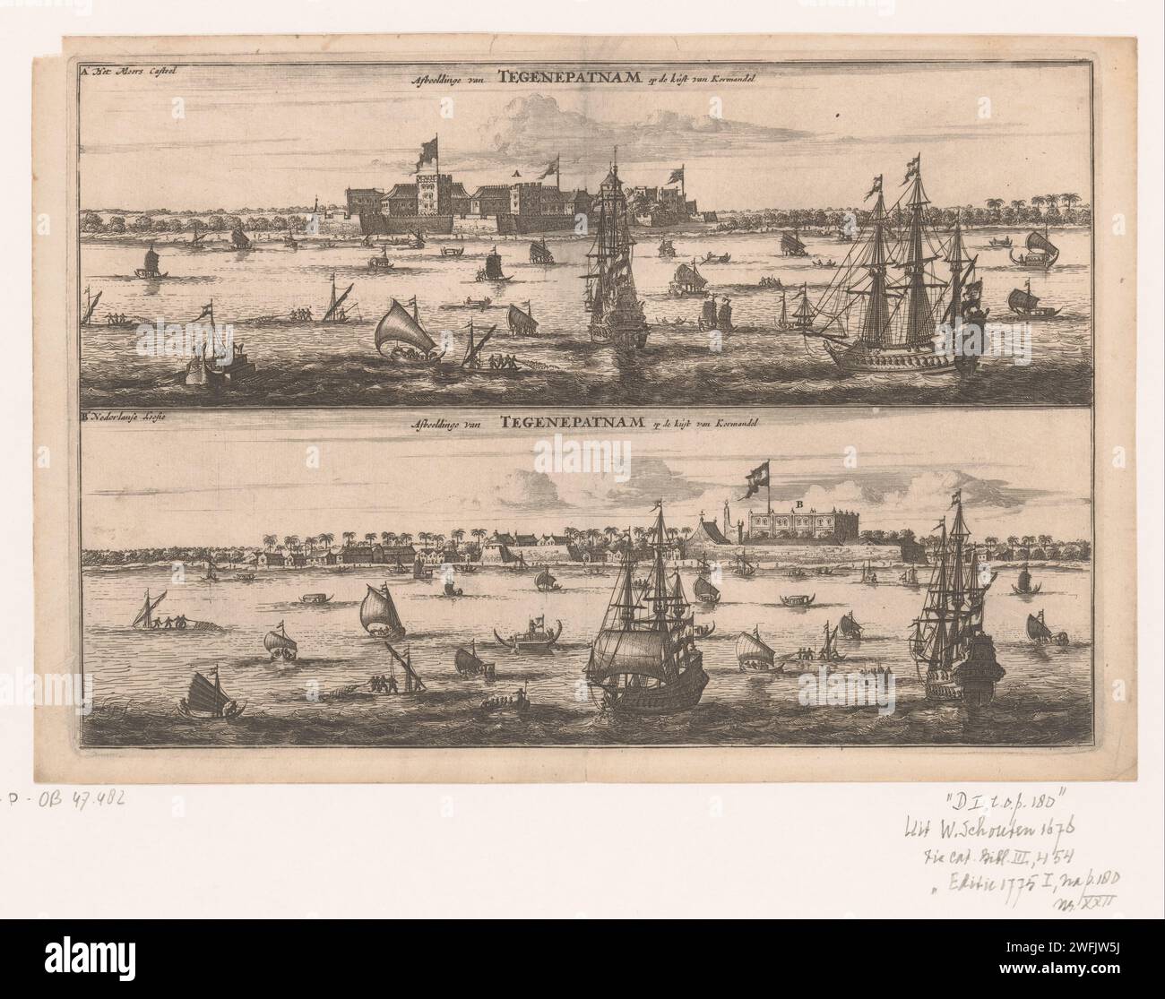 Due facce su Counterpatnam, Anonymous, 1676 stampano due facce su Counterpatnam (attuale Cuddalore), viste da un mare affollato. Il titolo viene ripetuto su entrambe le immagini. L'impronta superiore mostra una fortezza della gente del posto, l'impronta inferiore mostra la loggia olandese. Incisione su carta di Amsterdam / incisione di nave sulle strade, strada. fortezza. castello Cuddalore Foto Stock