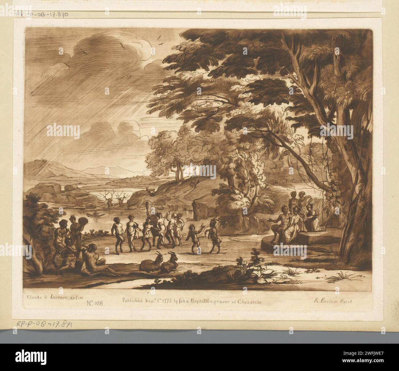 Paesaggio con sghieri danzanti e ninfe, Richard Earlom, dopo Claude Lorrain, 1775 stampa di carta londinese incisione pastorali, scene arcadiane. lago - HH - paesaggi ideali. satyr(s) (in generale). ninfe (in generale); 'Ninfe in commune' (Ripa). ballo di gruppo Foto Stock