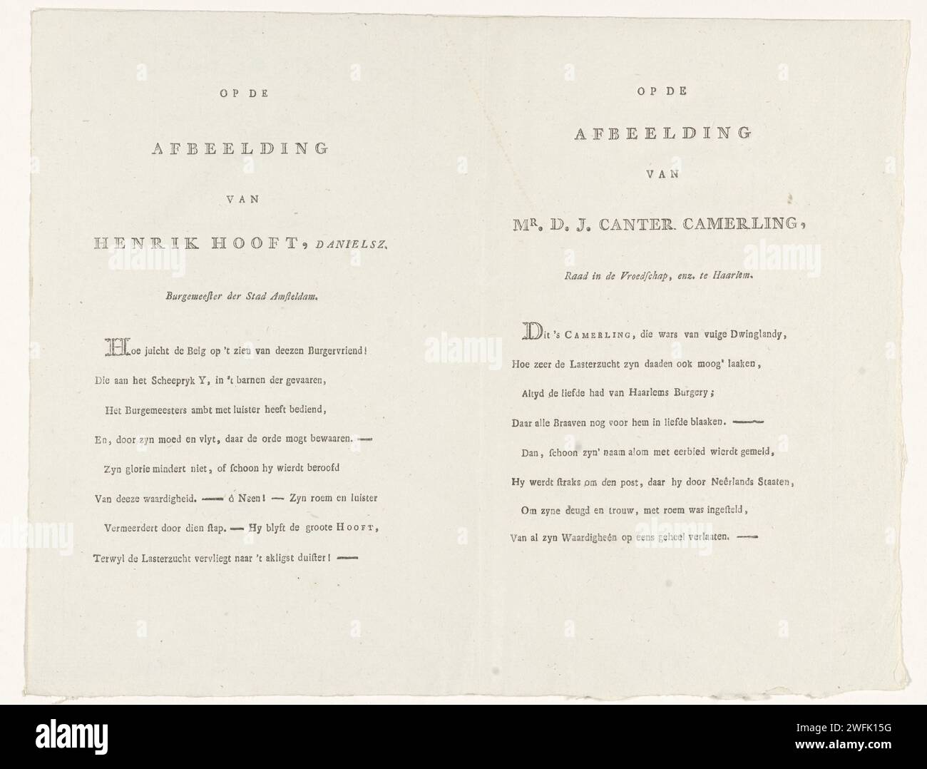 Testo sulle immagini di Hendrik Danielsz. Hooft e Daniël Jacobus Canter Camerling, sconosciuto, in o prima del 1796 la stampa a sinistra considera le regole in versi in olandese appartenenti al ritratto inciso di Hendrik Danielsz. Hooft e a destra otto versi regnano in olandese appartenenti al ritratto inciso di Daniël Jacobus Canter Camerling. carta stampa letterpress Foto Stock